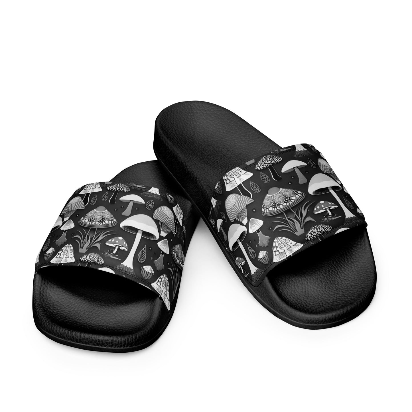 Whimsical Mushrooms in B&W Men’s slides