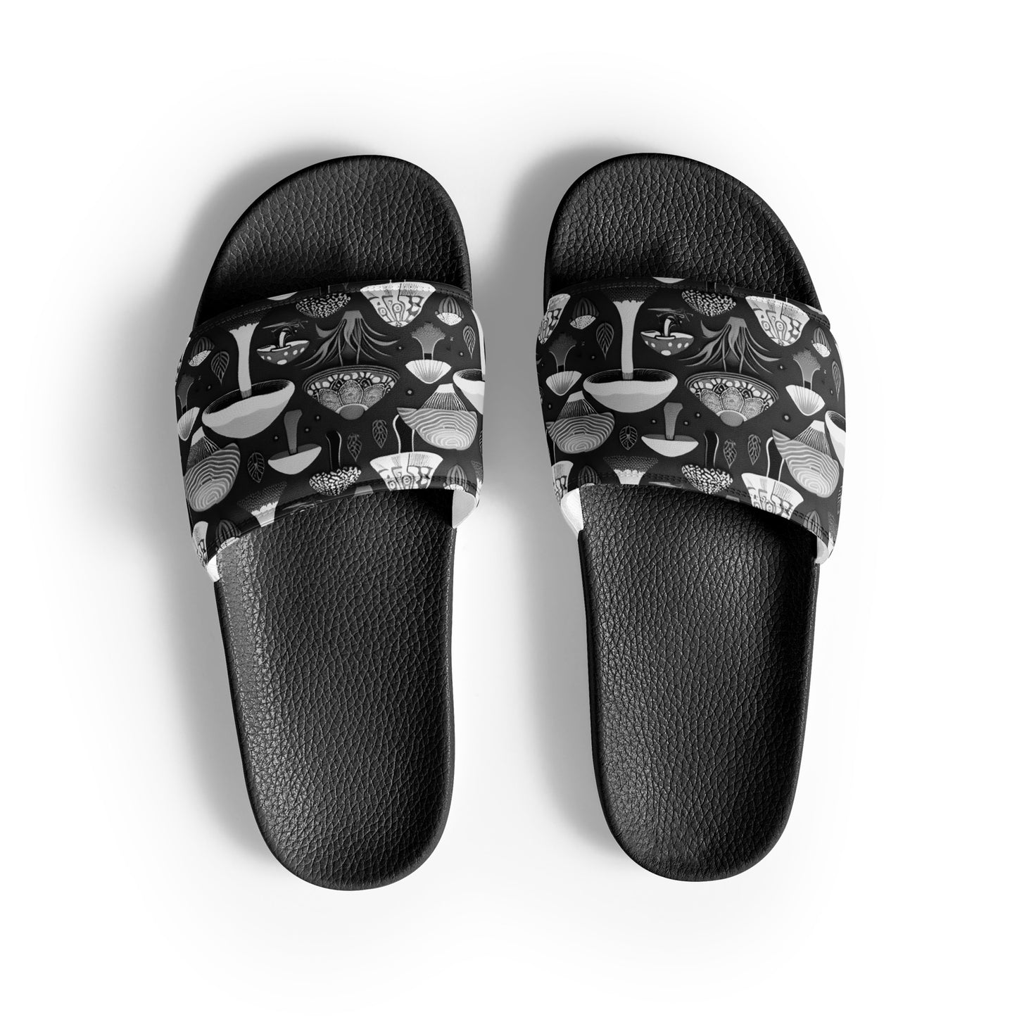 Whimsical Mushrooms in B&W Men’s slides