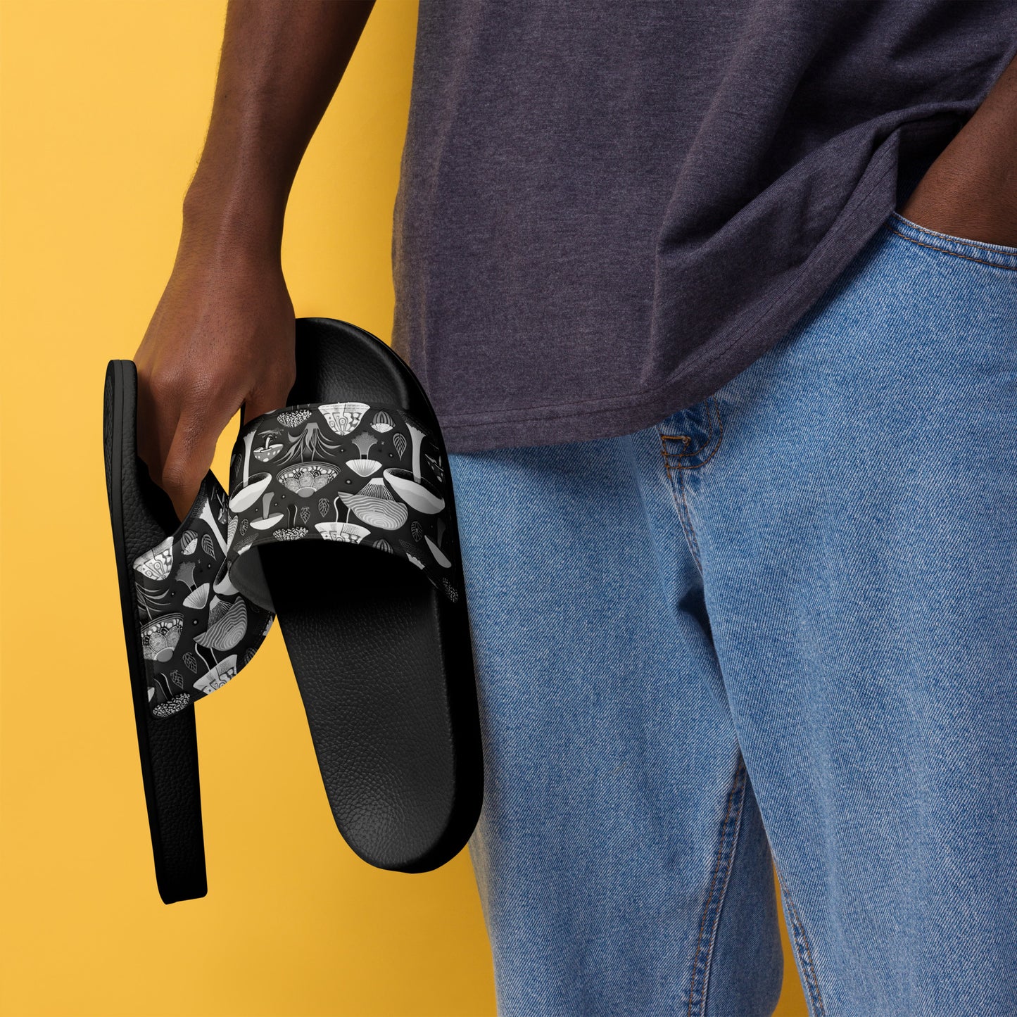 Whimsical Mushrooms in B&W Men’s slides