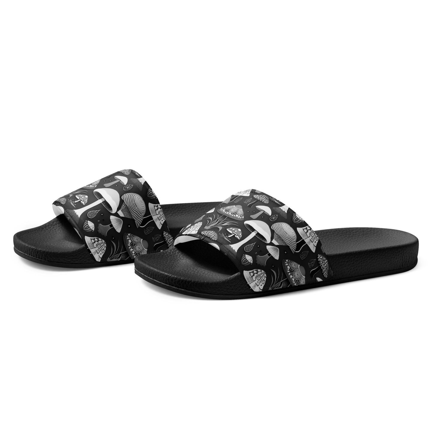 Whimsical Mushrooms in B&W Men’s slides