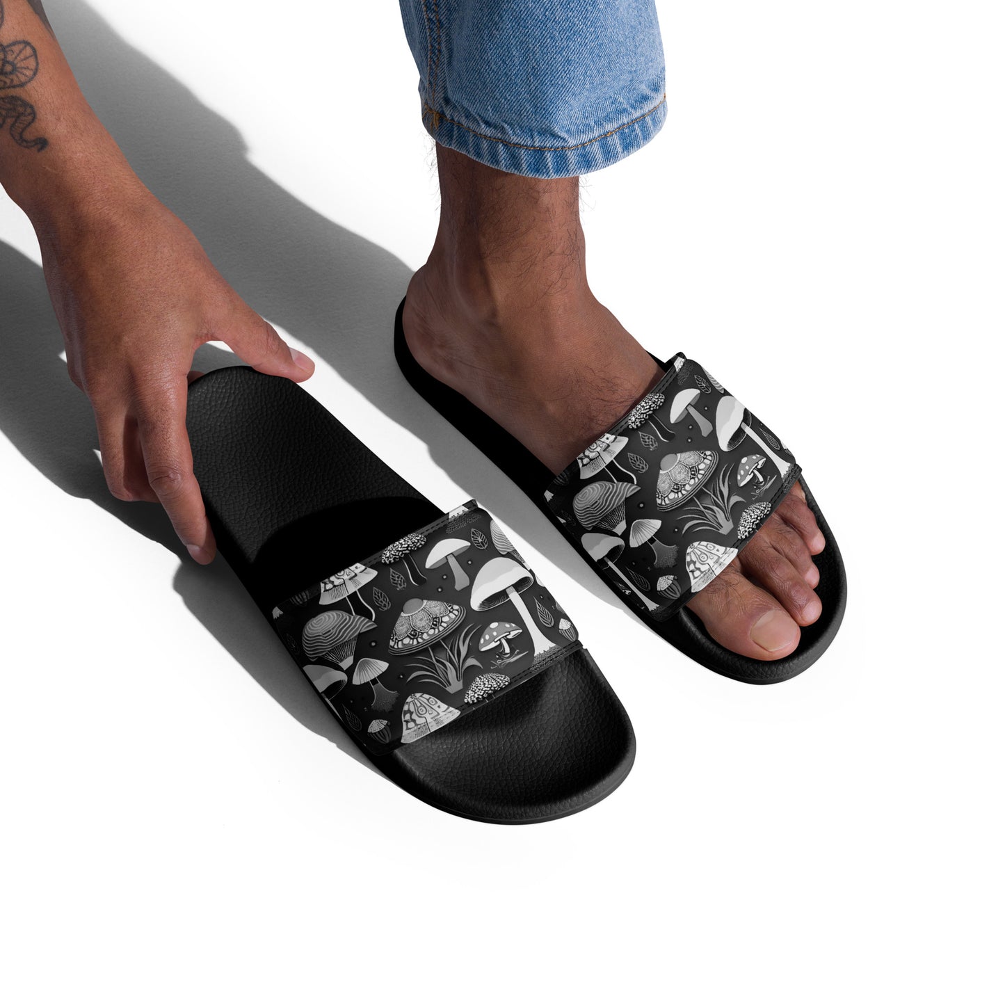 Whimsical Mushrooms in B&W Men’s slides