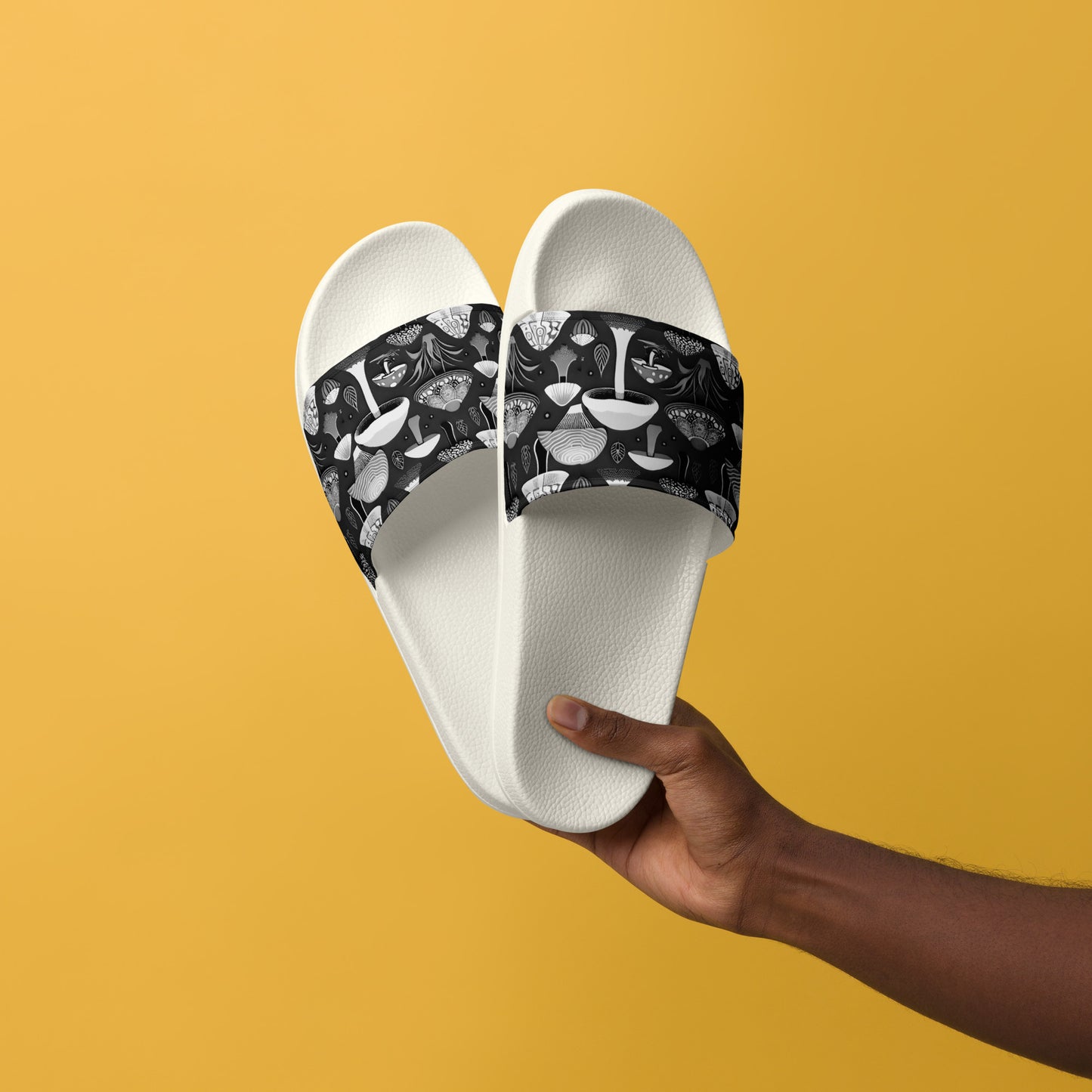 Whimsical Mushrooms in B&W Men’s slides