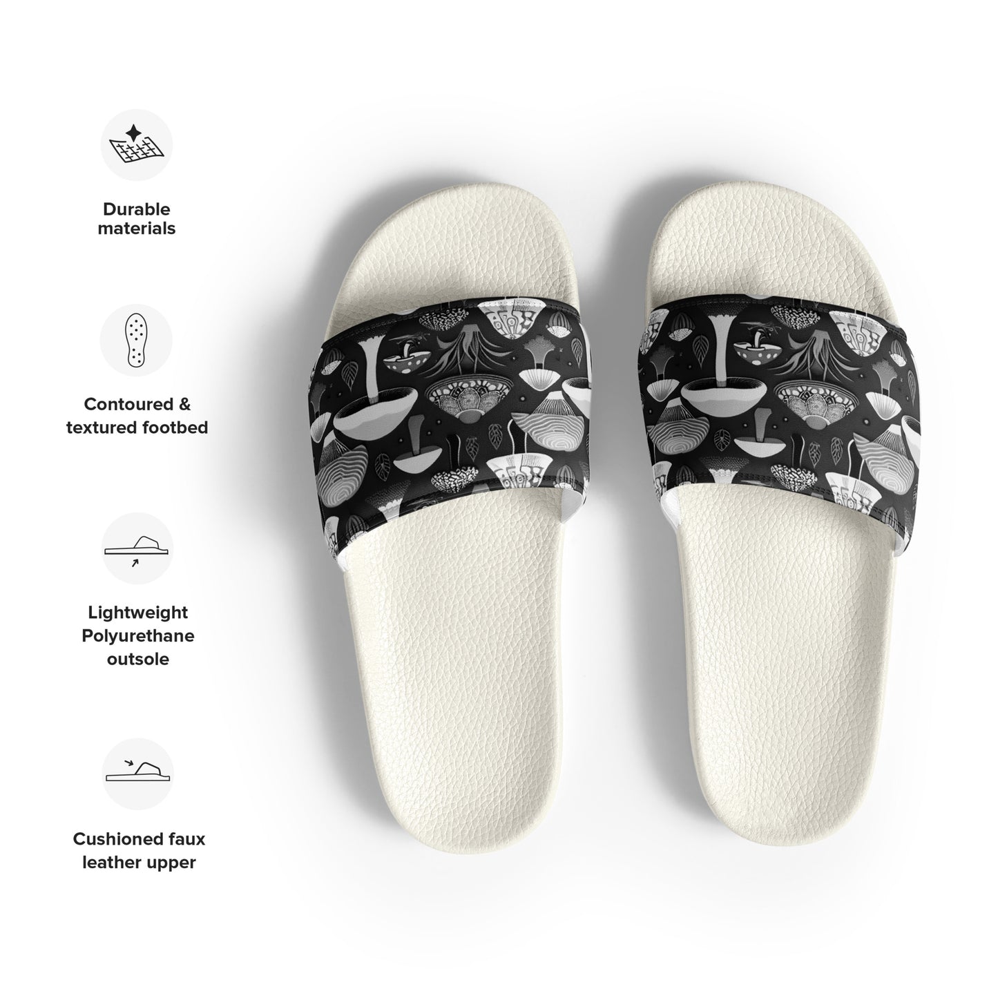 Whimsical Mushrooms in B&W Men’s slides