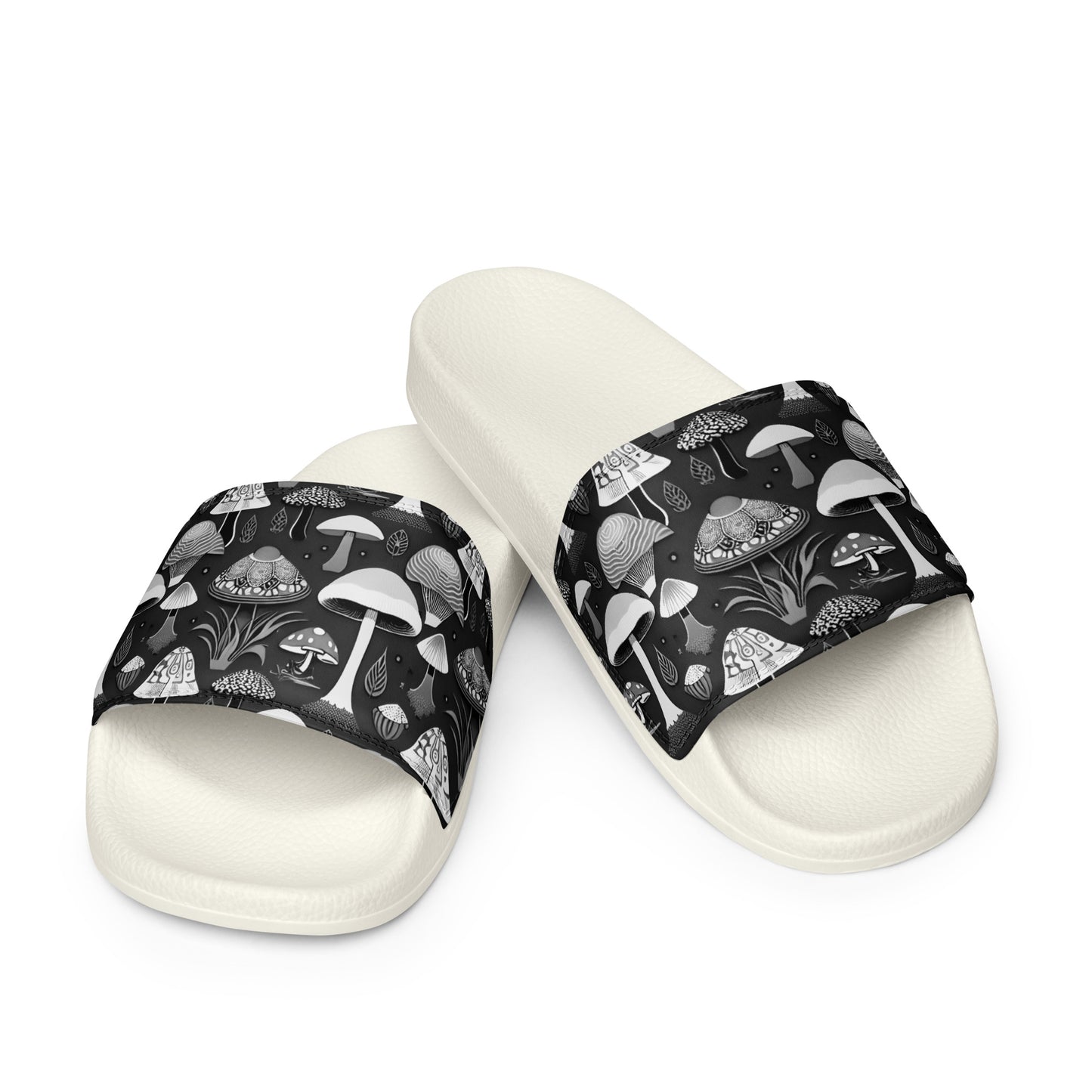 Whimsical Mushrooms in B&W Men’s slides