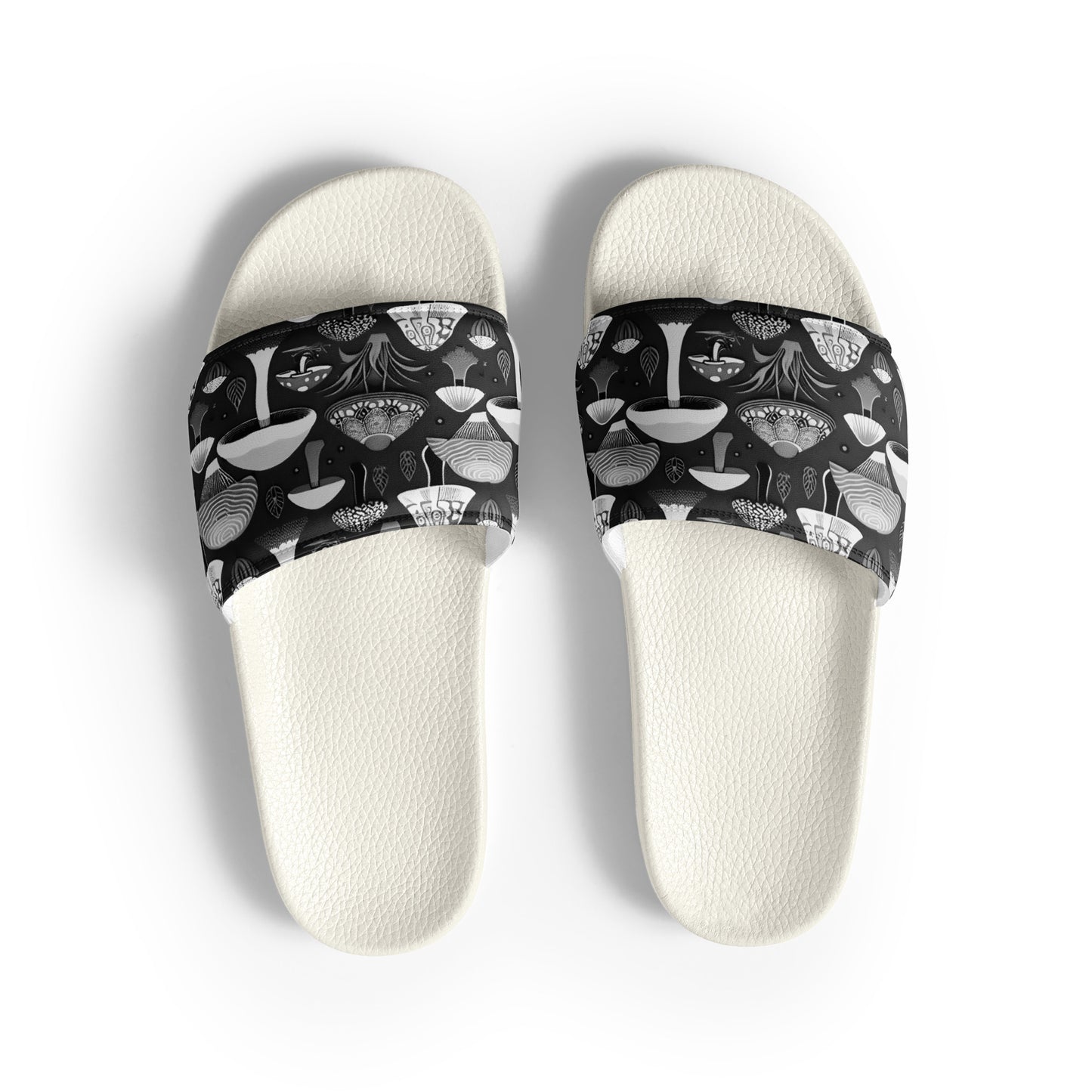 Whimsical Mushrooms in B&W Men’s slides