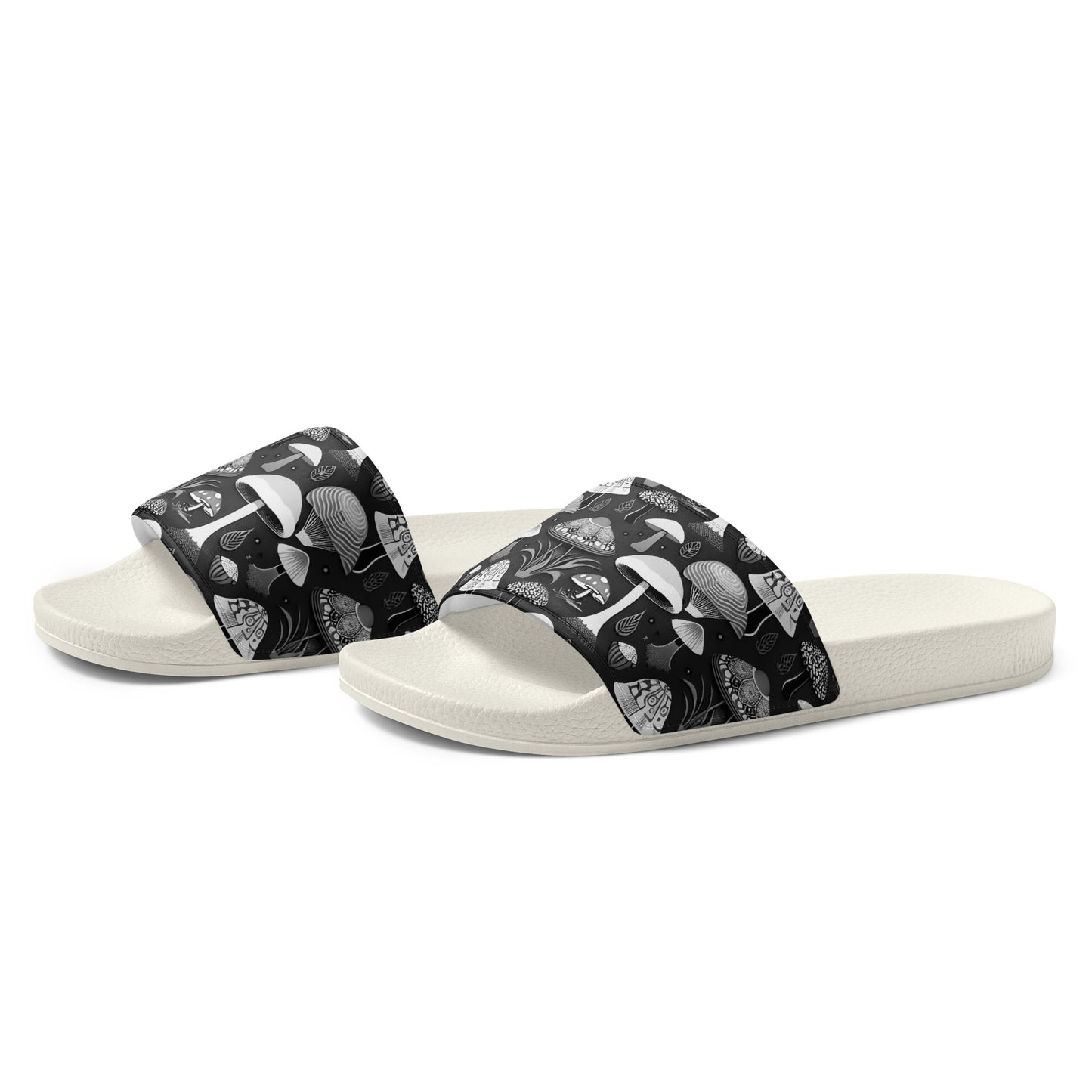 Whimsical Mushrooms in B&W Men’s slides