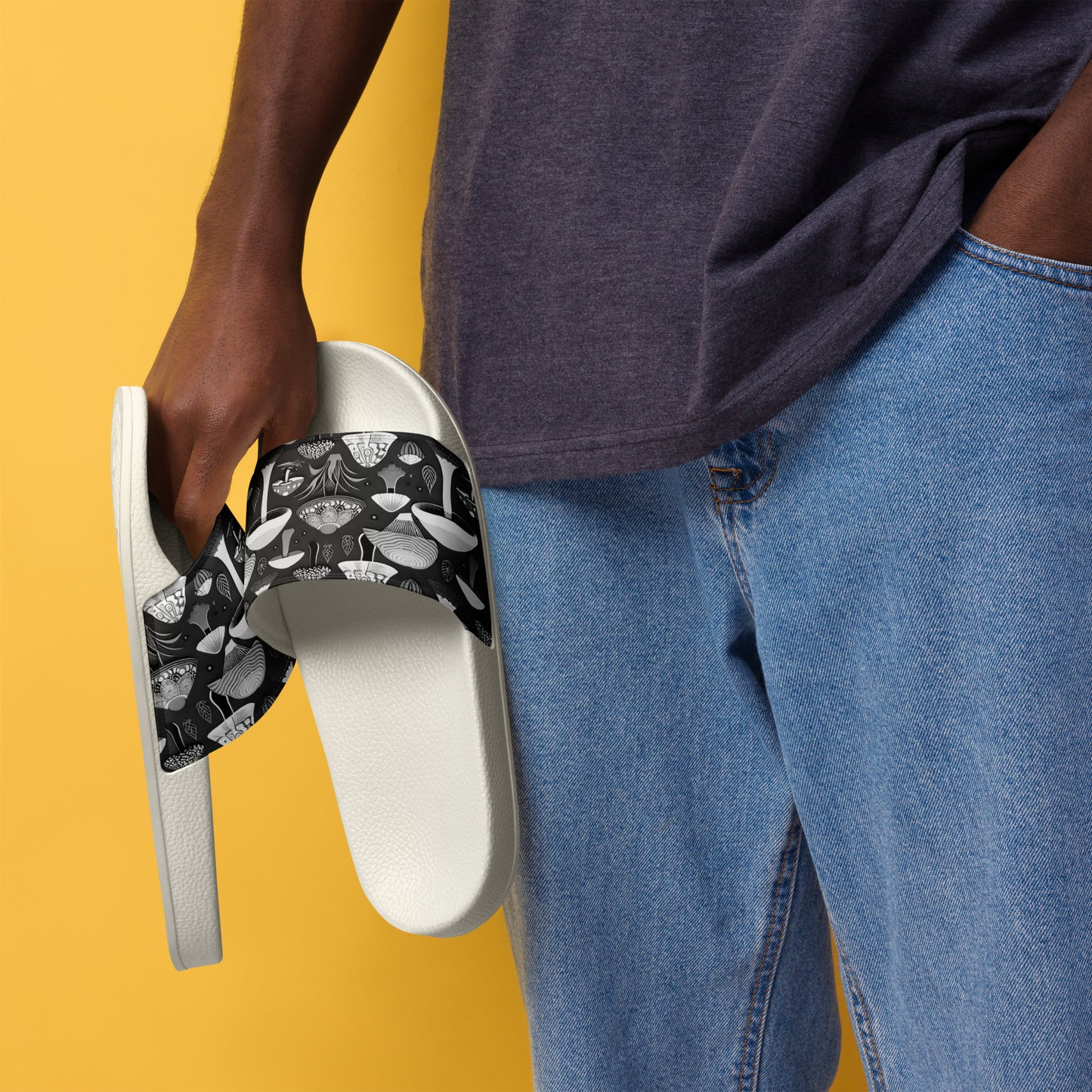 Whimsical Mushrooms in B&W Men’s slides