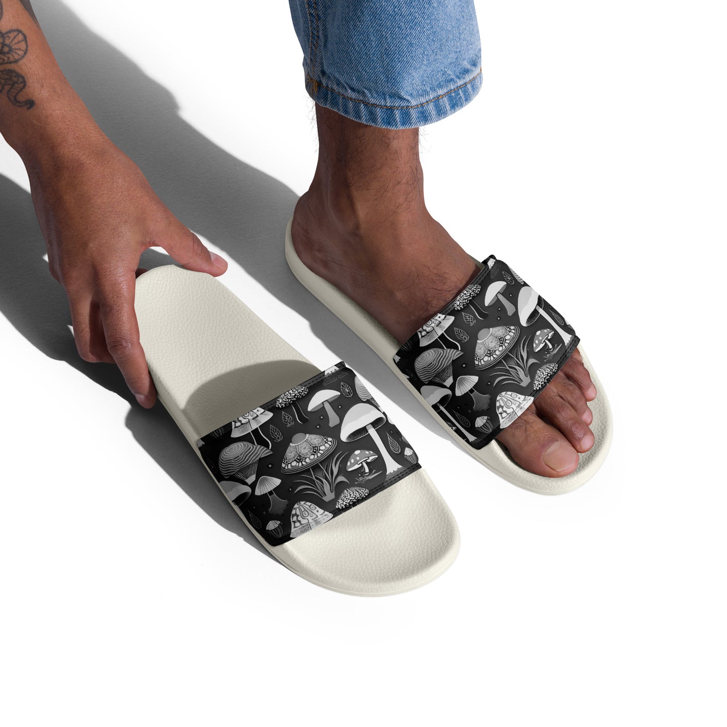 Whimsical Mushrooms in B&W Men’s slides