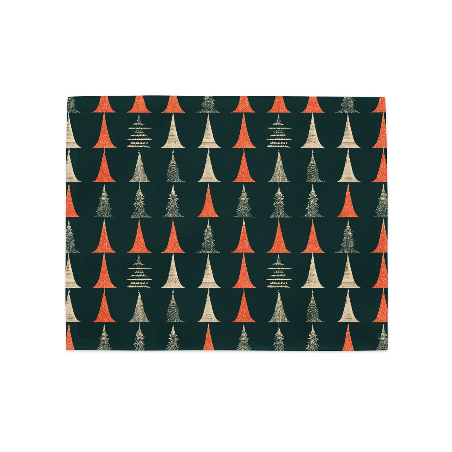 Placemat with red and white trees on a dark green background.