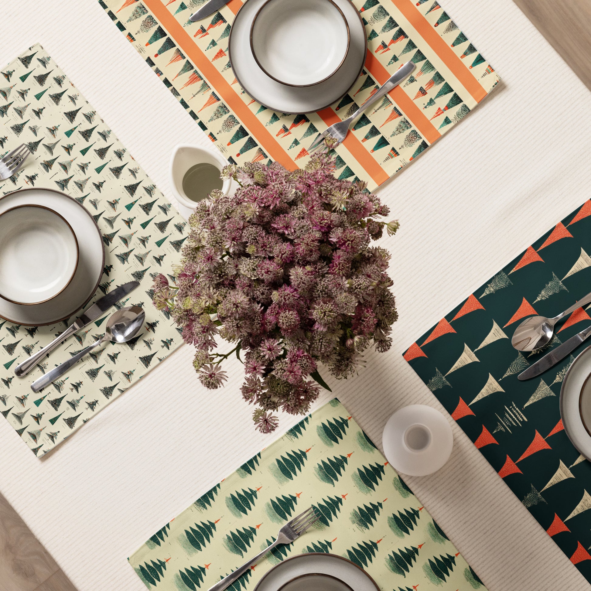 Festive Placemats on a table with table settings.