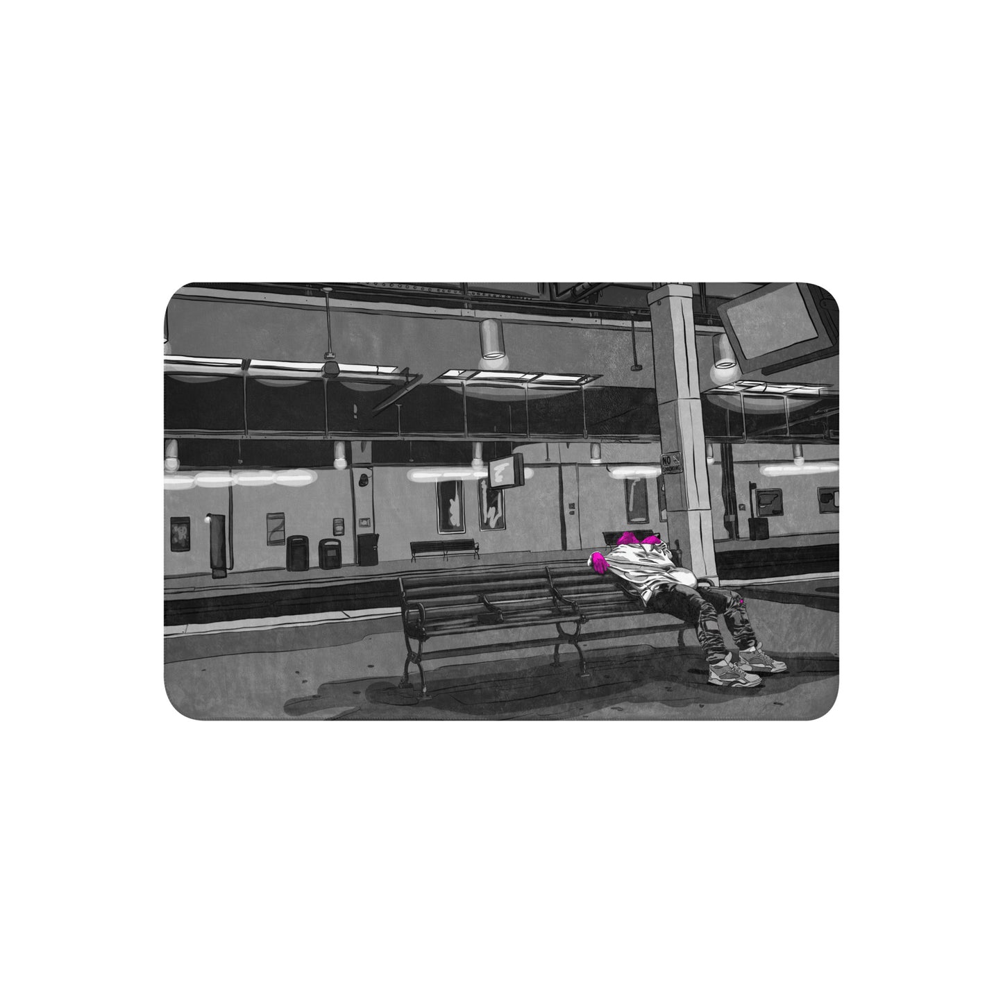 Man Sleeping on Amtrak Bench, NJ Sherpa blanket