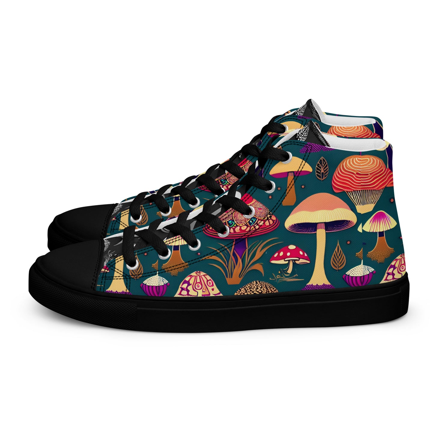 Whimsical Mushrooms on Green Women’s high top canvas shoes