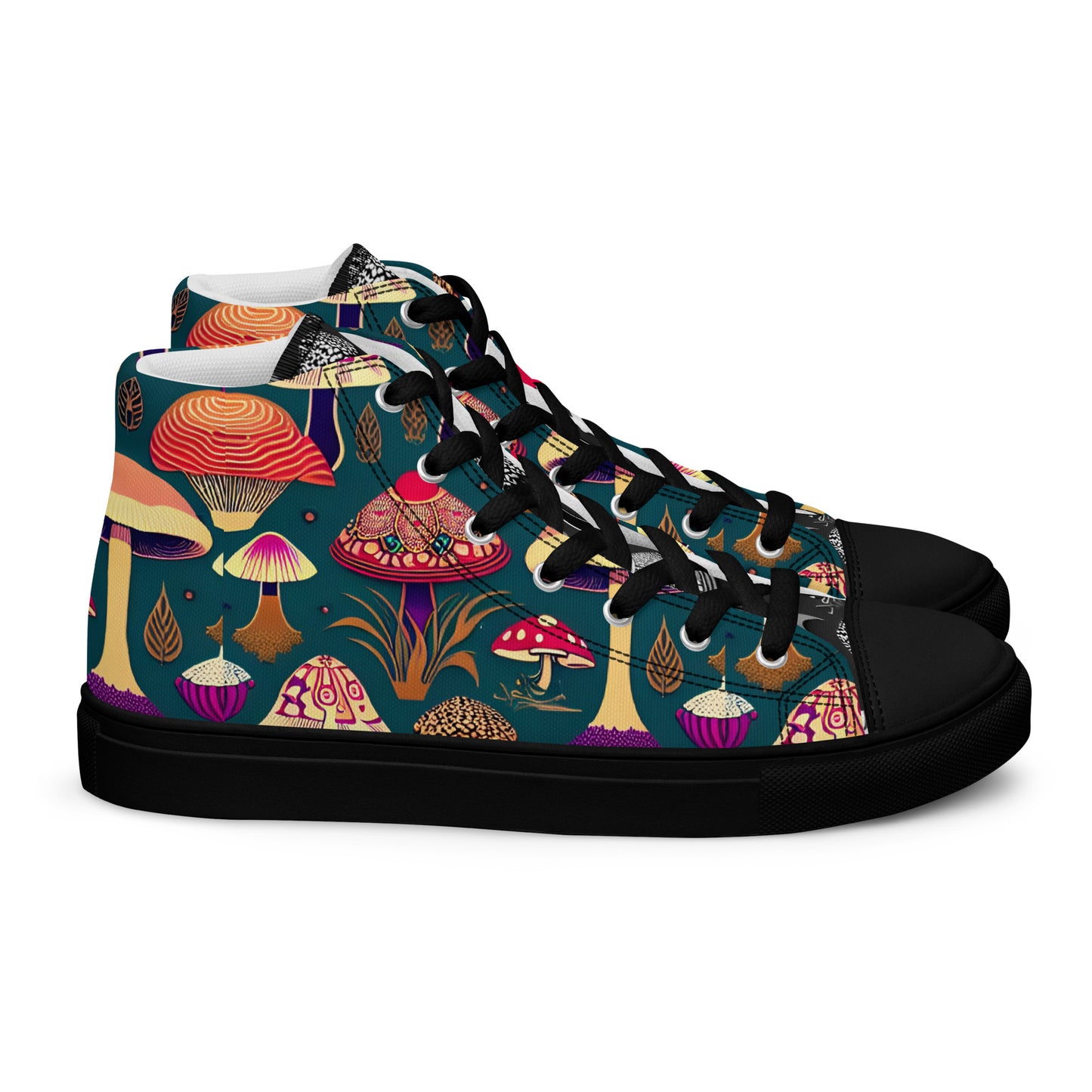 Whimsical Mushrooms on Green Women’s high top canvas shoes