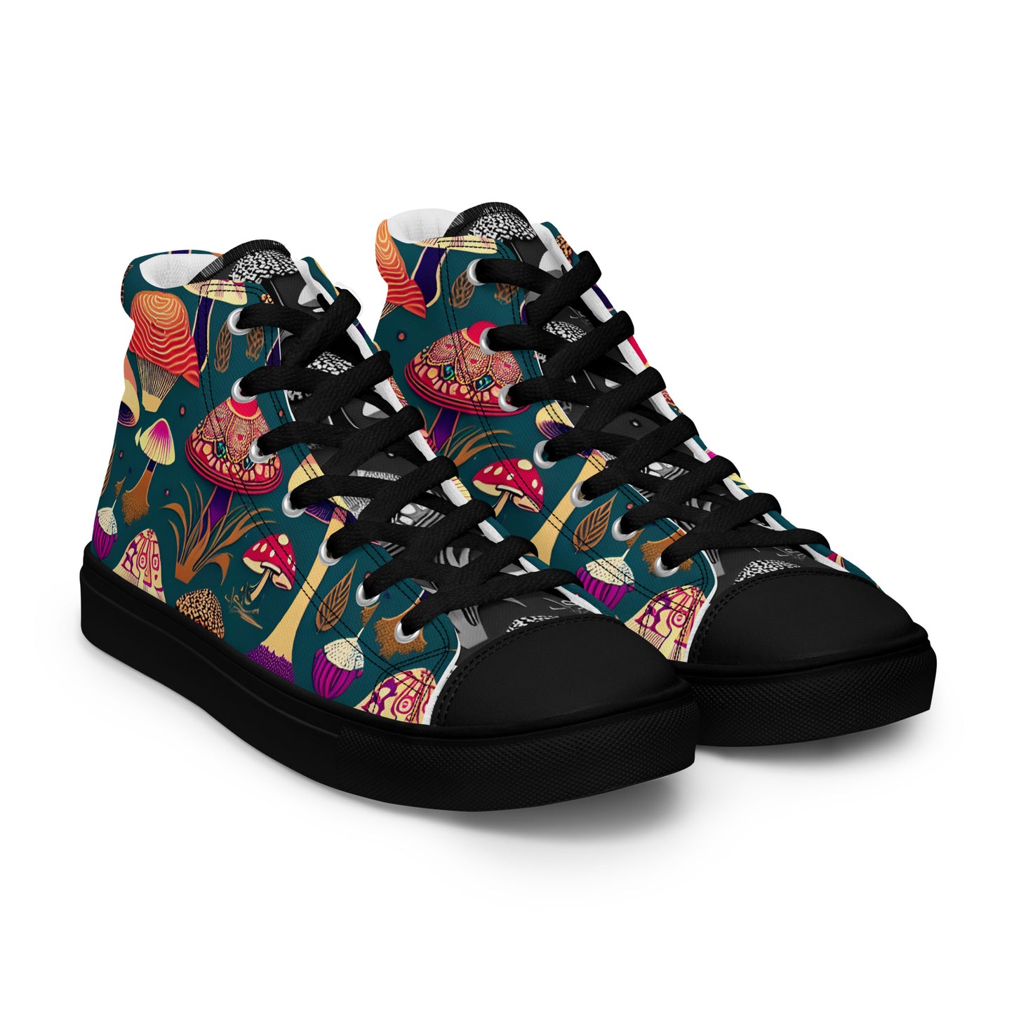 Whimsical Mushrooms on Green Women’s high top canvas shoes