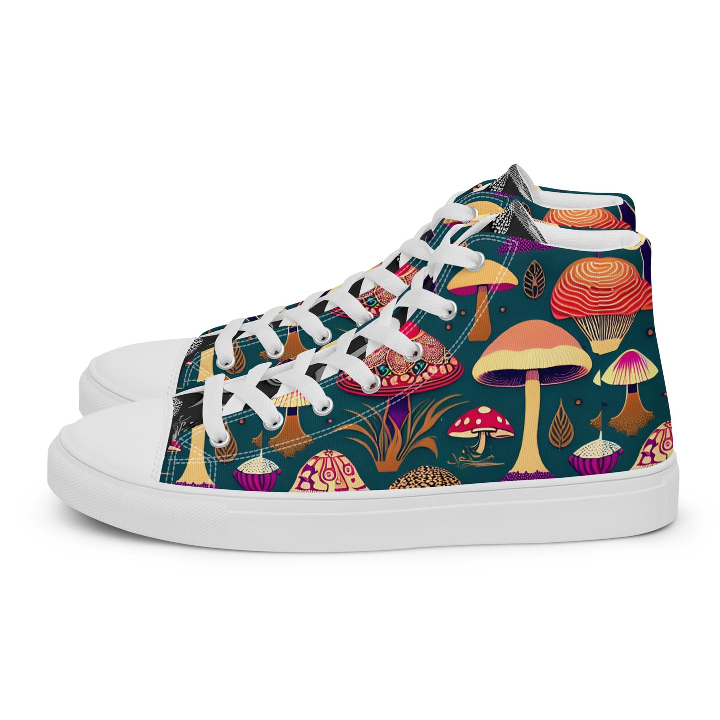 Whimsical Mushrooms on Green Women’s high top canvas shoes