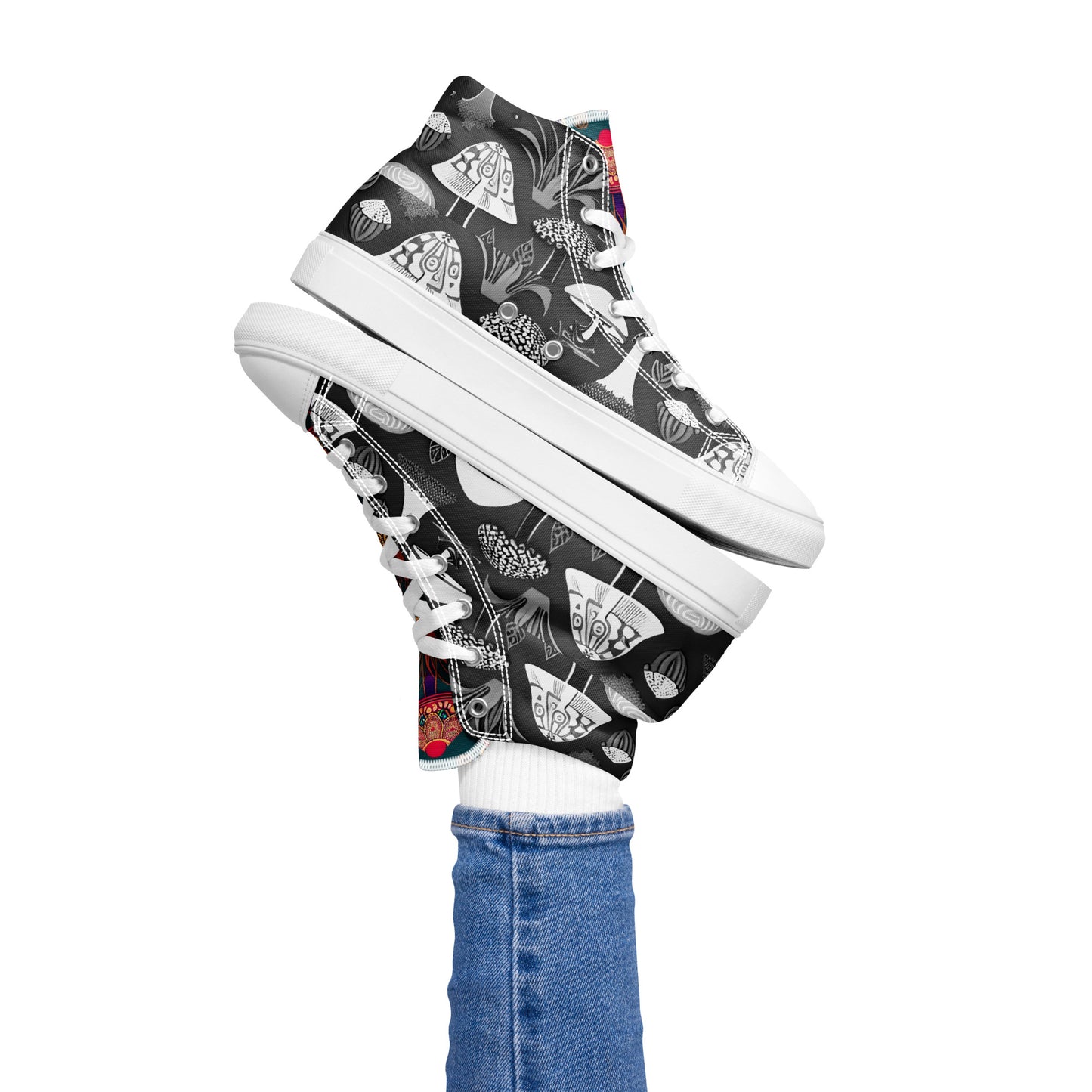 Whimsical Mushrooms in B&W Women’s high top canvas shoes