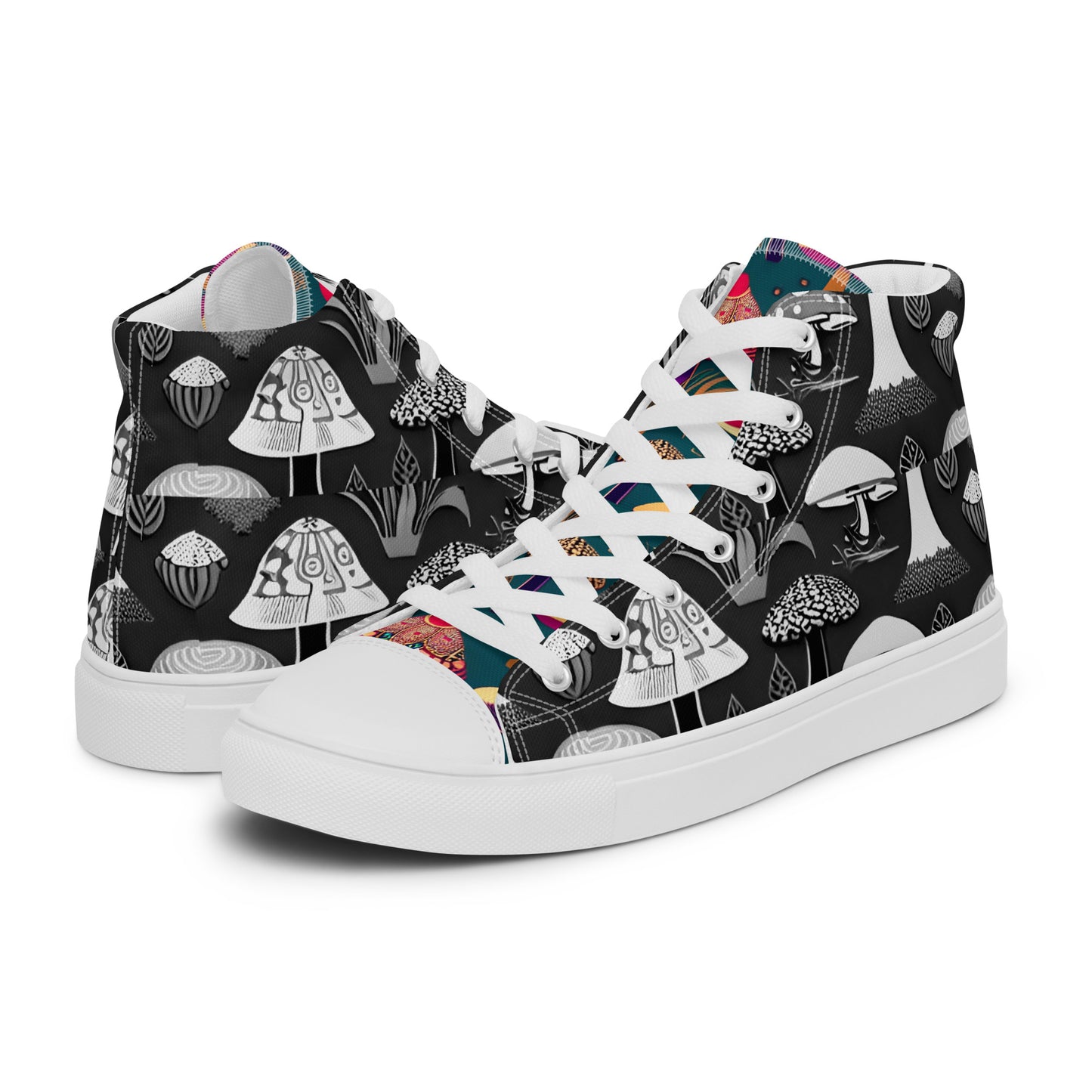 Whimsical Mushrooms in B&W Women’s high top canvas shoes