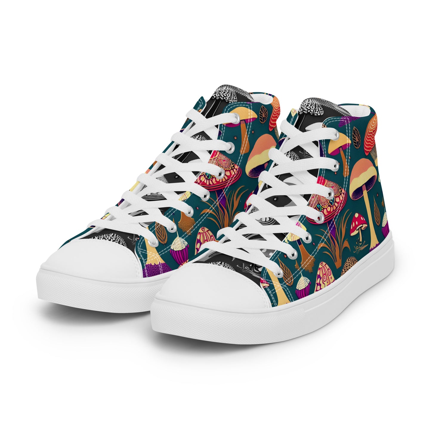 Whimsical Mushrooms on Green Women’s high top canvas shoes