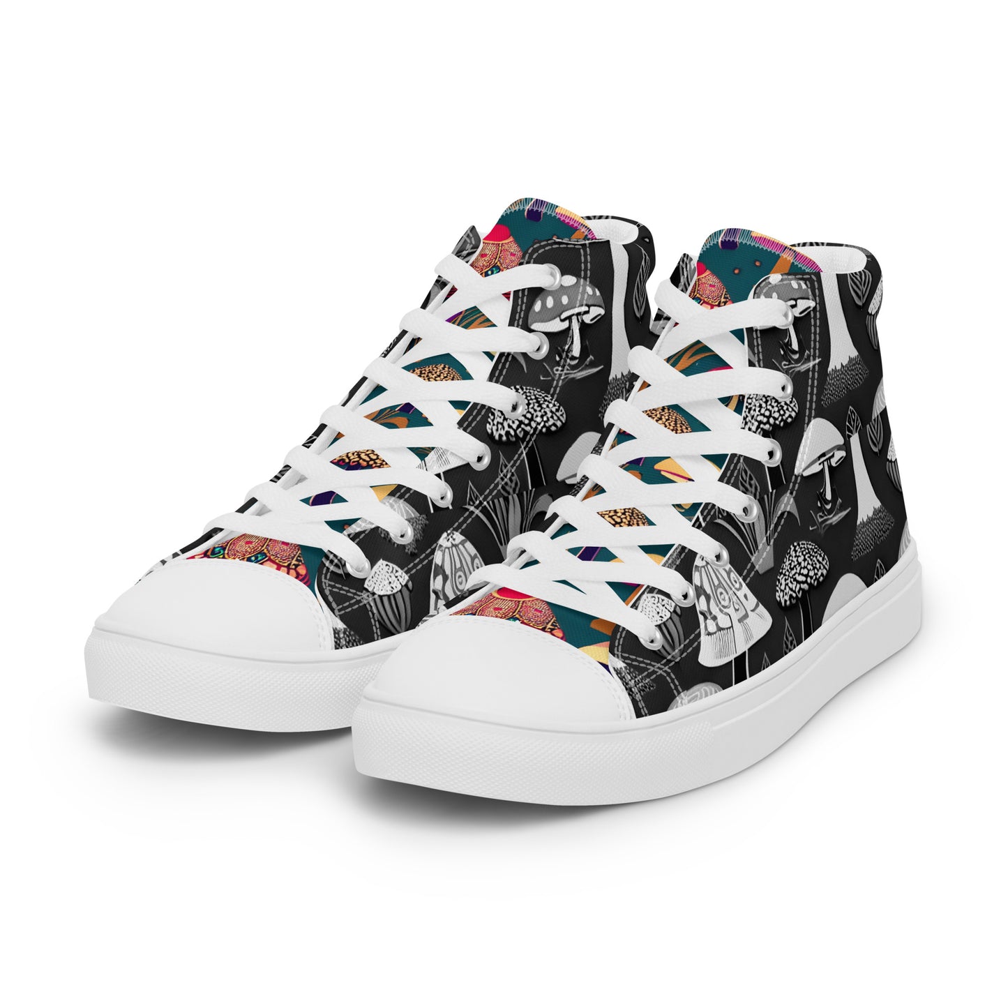 Whimsical Mushrooms in B&W Women’s high top canvas shoes