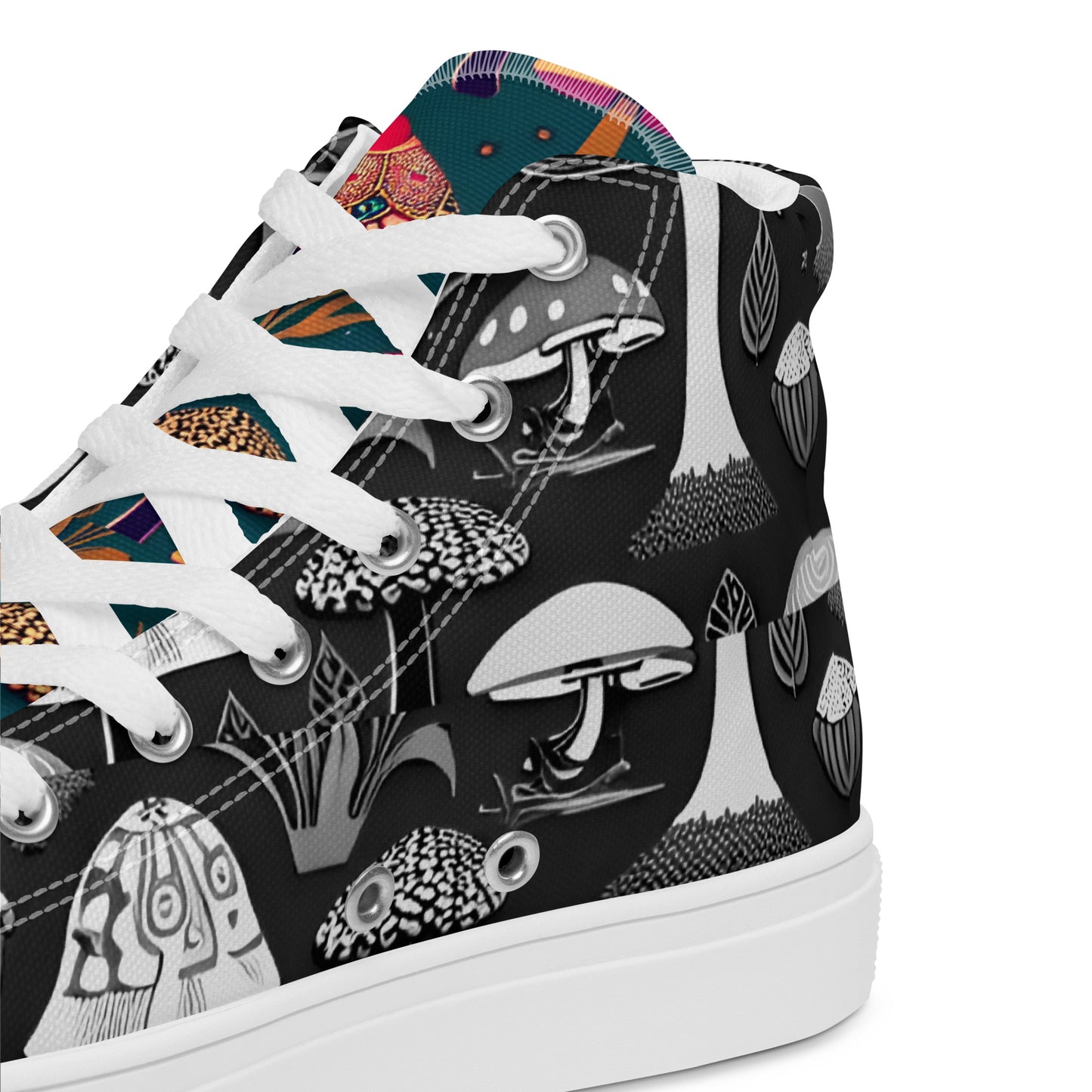 Whimsical Mushrooms in B&W Women’s high top canvas shoes