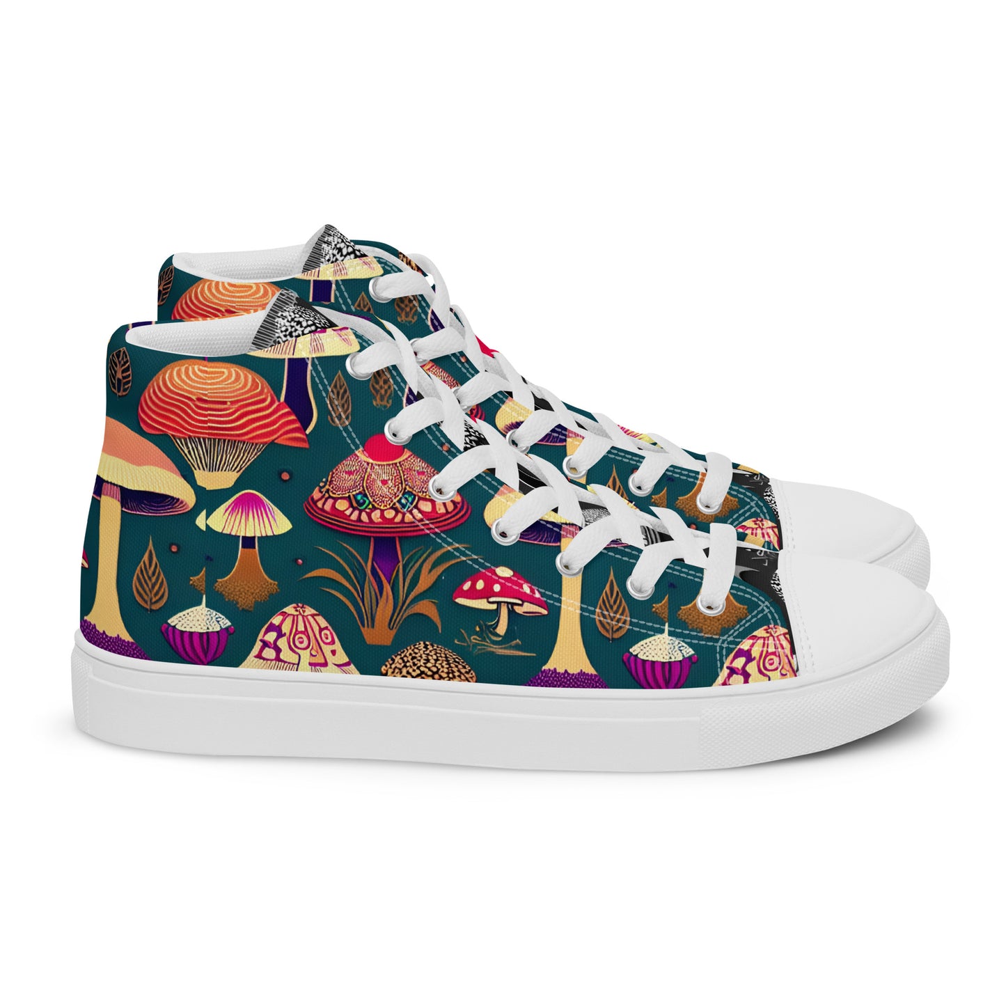 Whimsical Mushrooms on Green Women’s high top canvas shoes