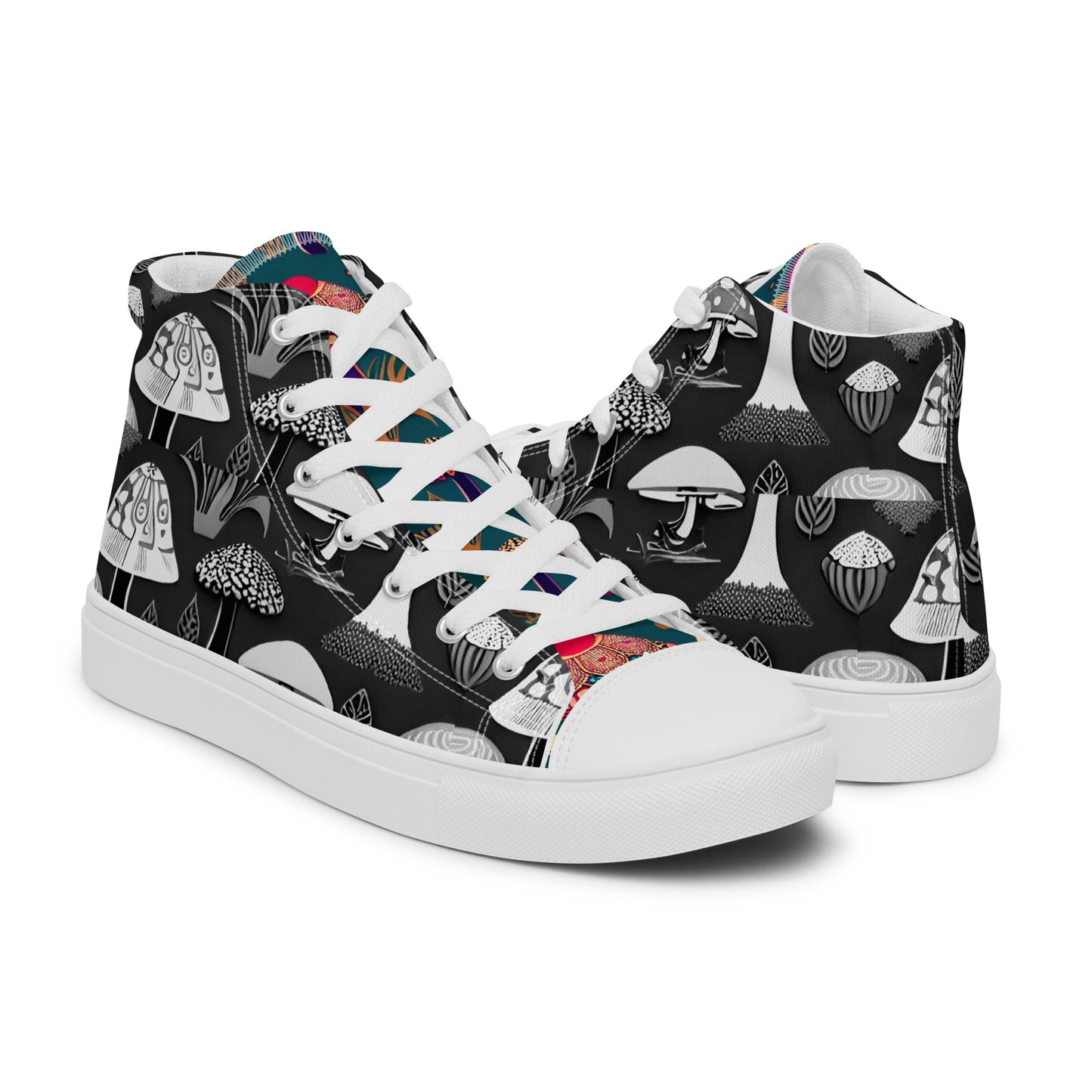 Whimsical Mushrooms in B&W Women’s high top canvas shoes