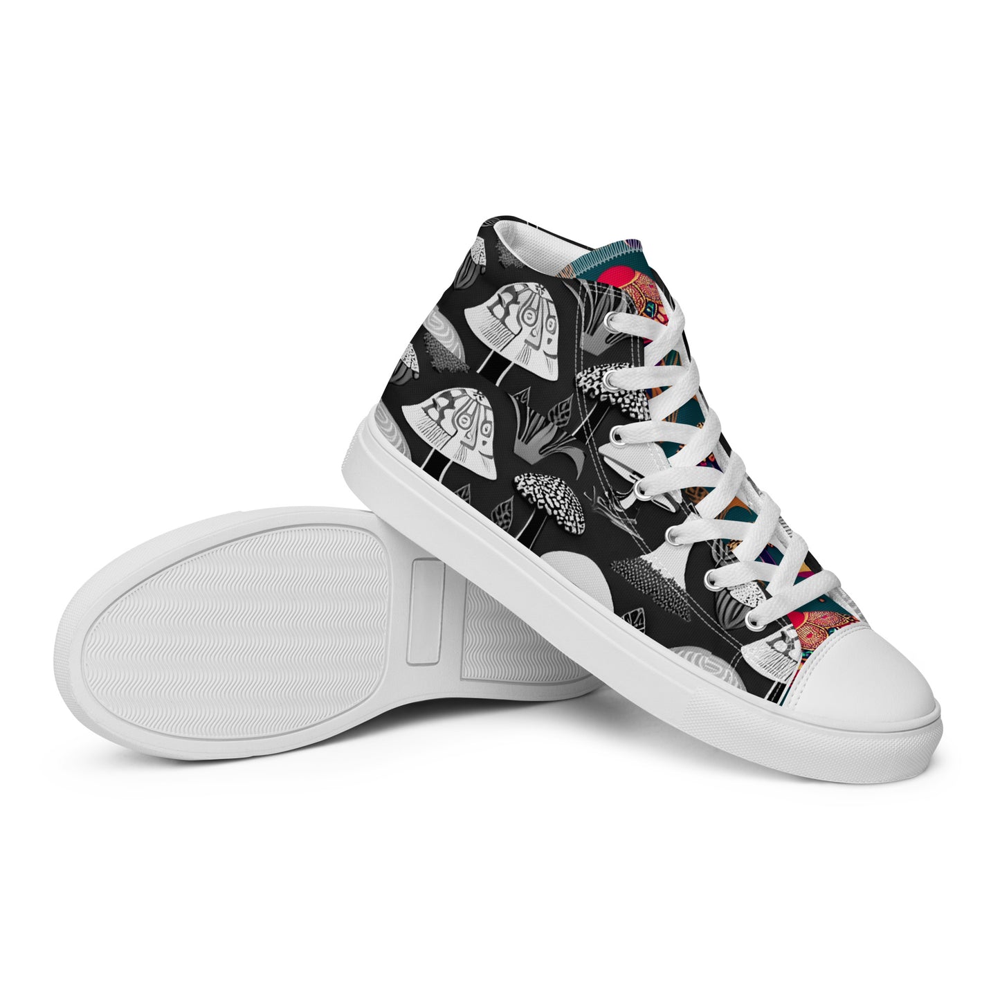 Whimsical Mushrooms in B&W Women’s high top canvas shoes