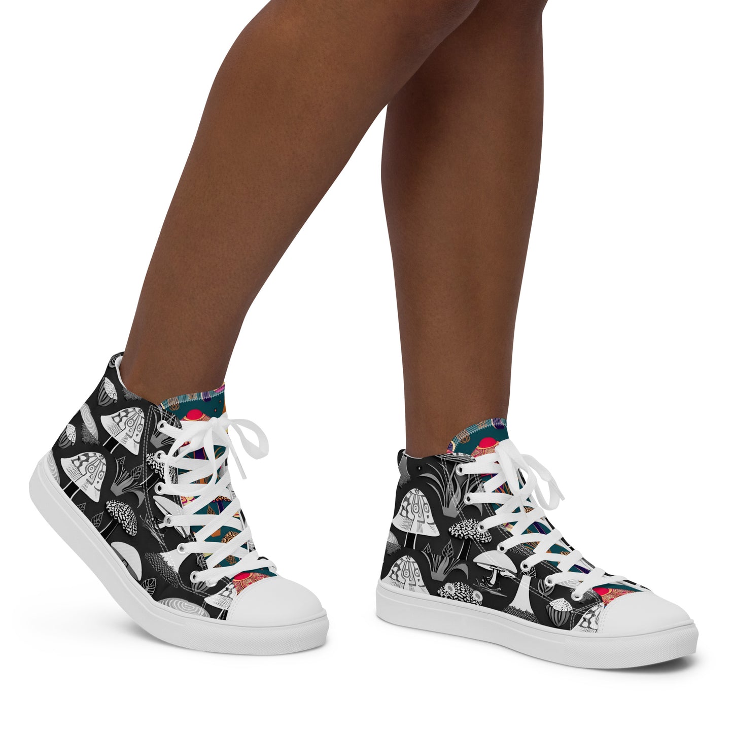 Whimsical Mushrooms in B&W Women’s high top canvas shoes