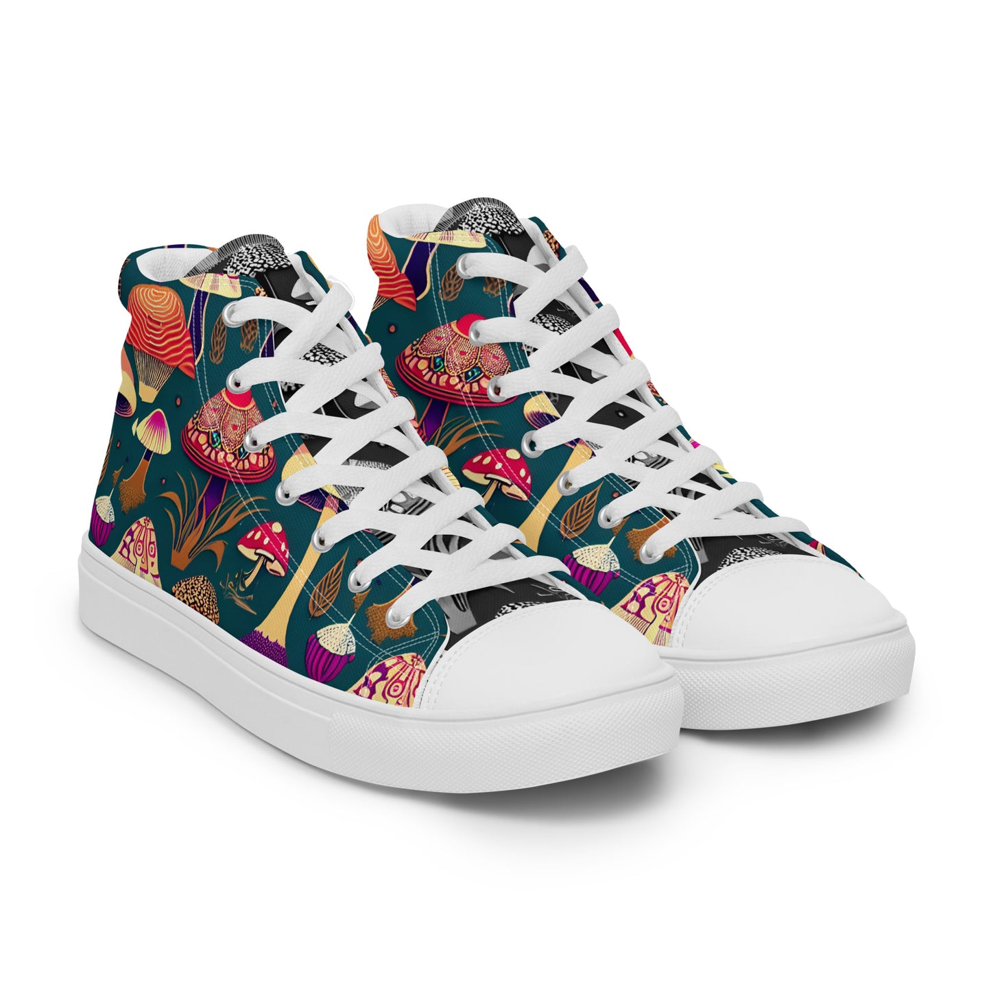 Whimsical Mushrooms on Green Women’s high top canvas shoes