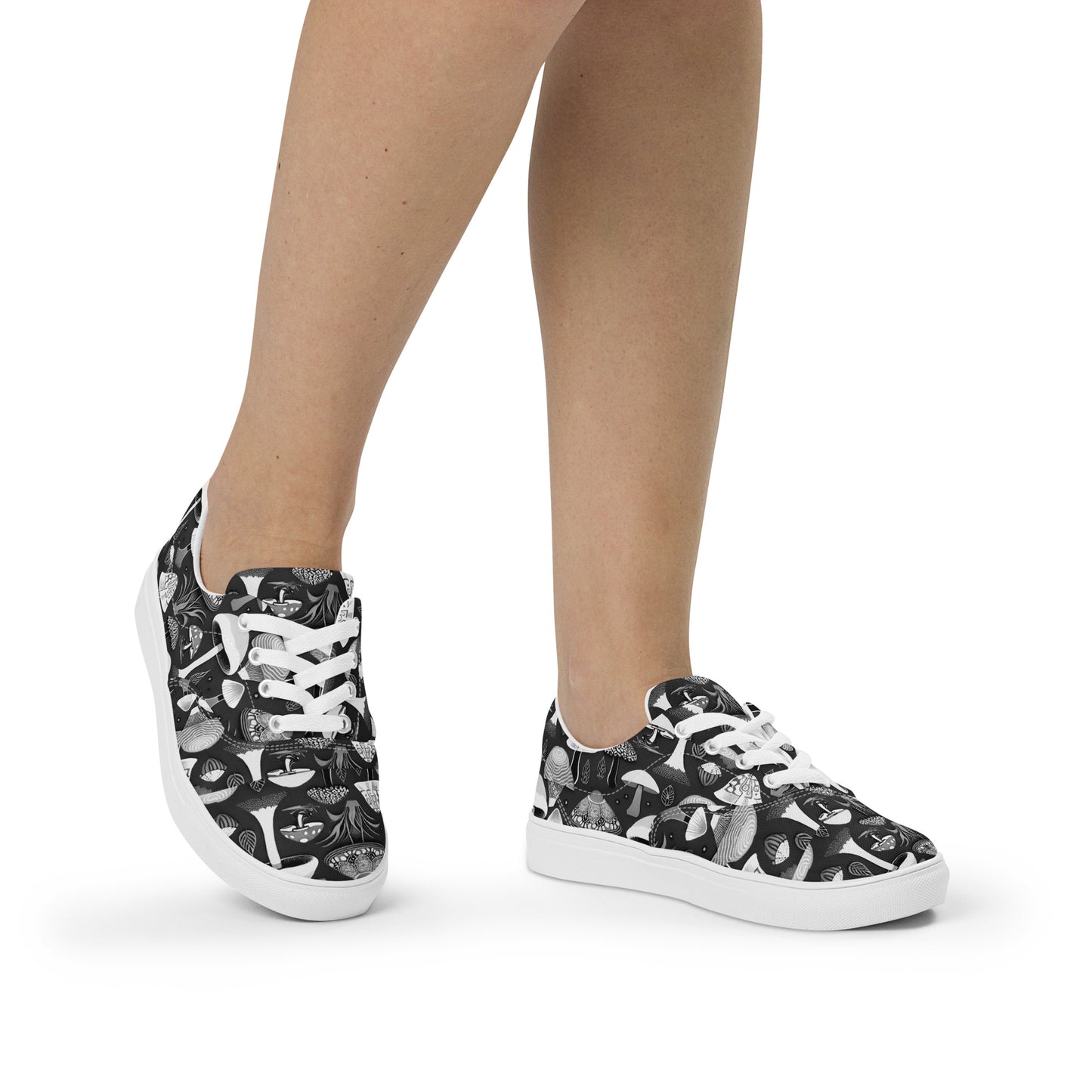 Whimsical Mushrooms in B&W Women’s lace-up canvas shoes