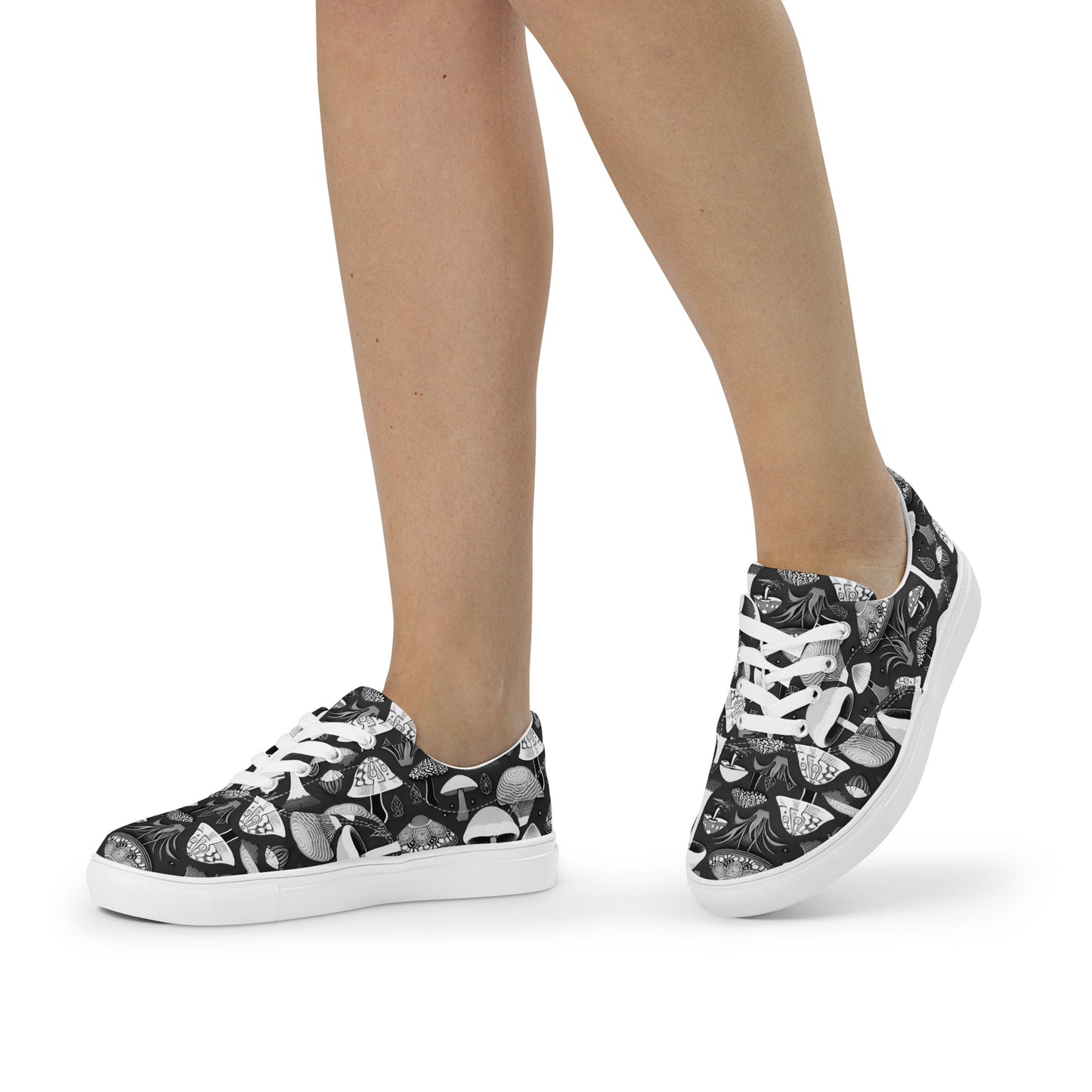 Whimsical Mushrooms in B&W Women’s lace-up canvas shoes