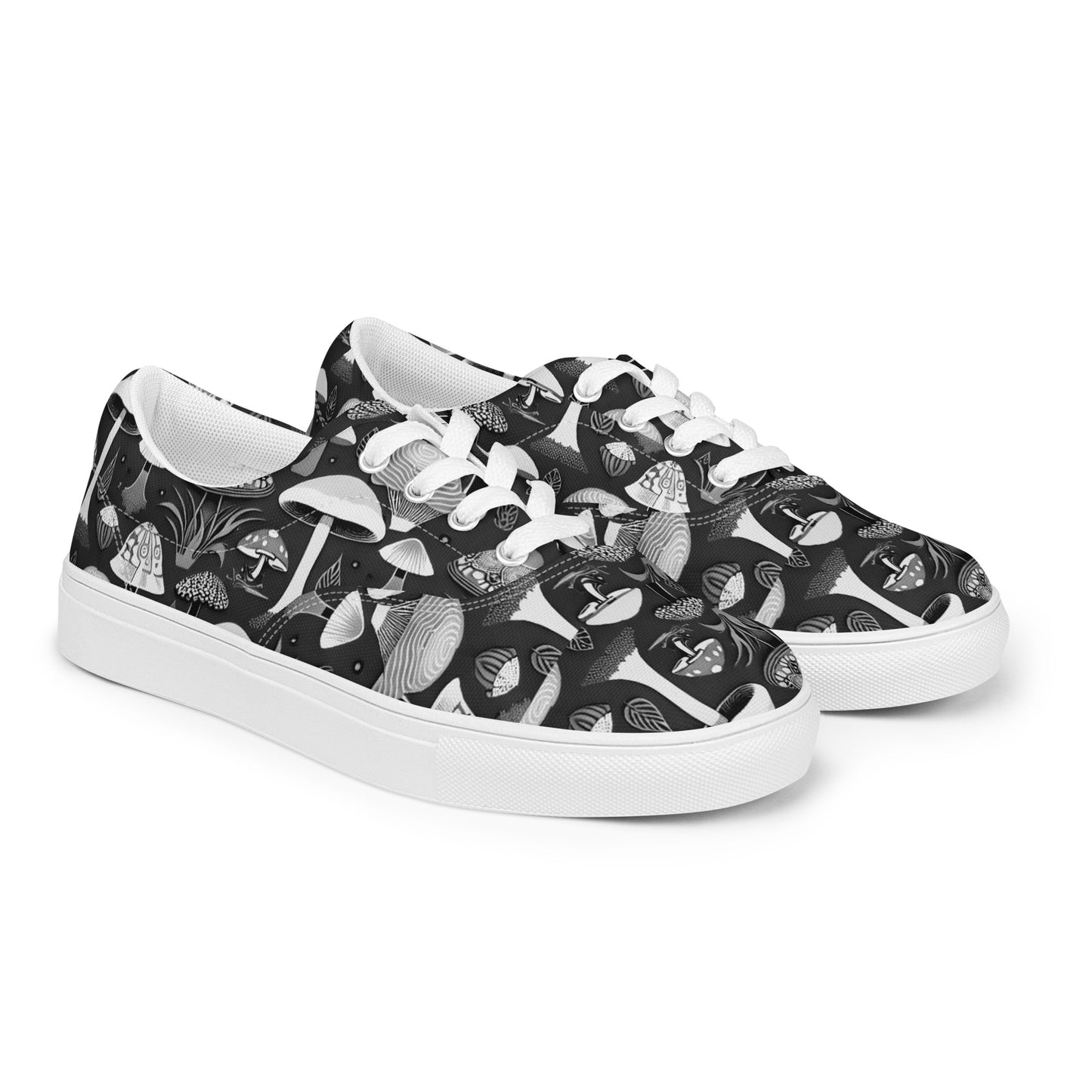 Whimsical Mushrooms in B&W Women’s lace-up canvas shoes