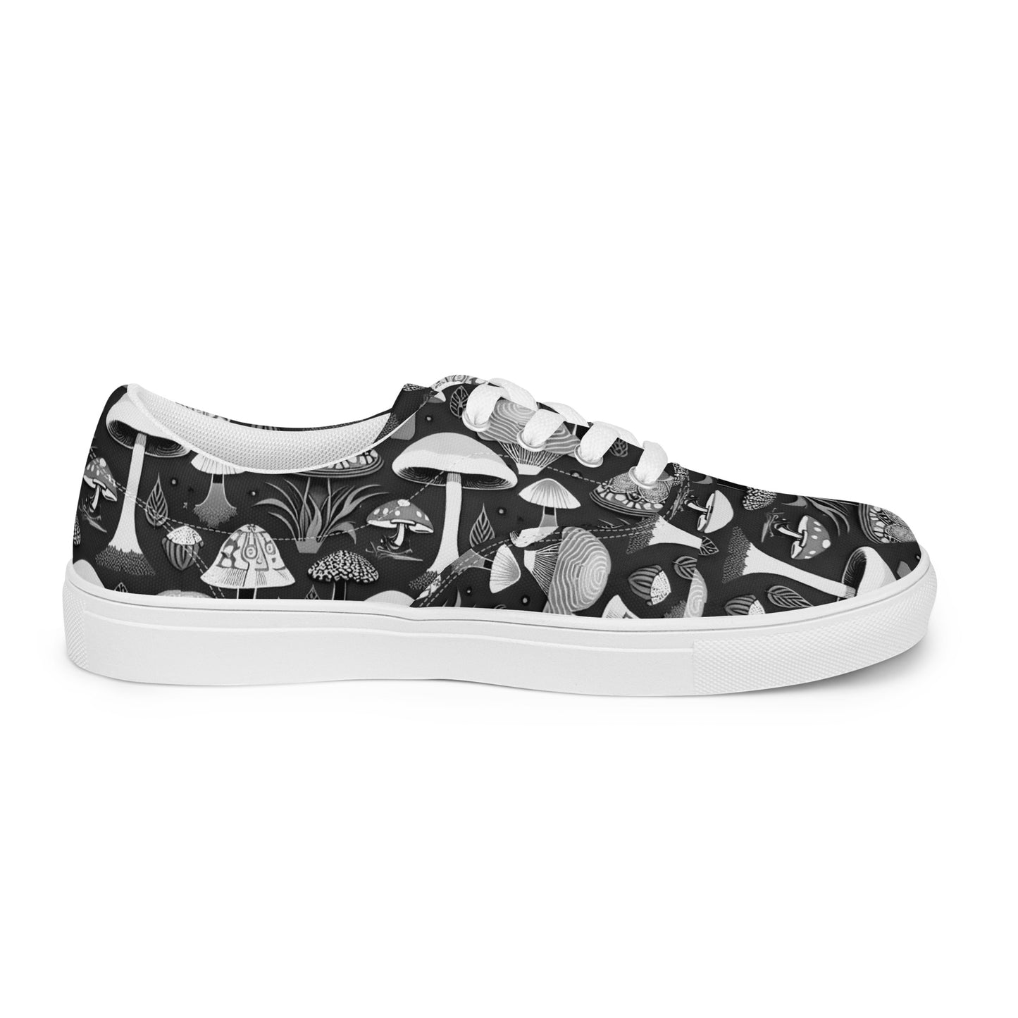 Whimsical Mushrooms in B&W Women’s lace-up canvas shoes