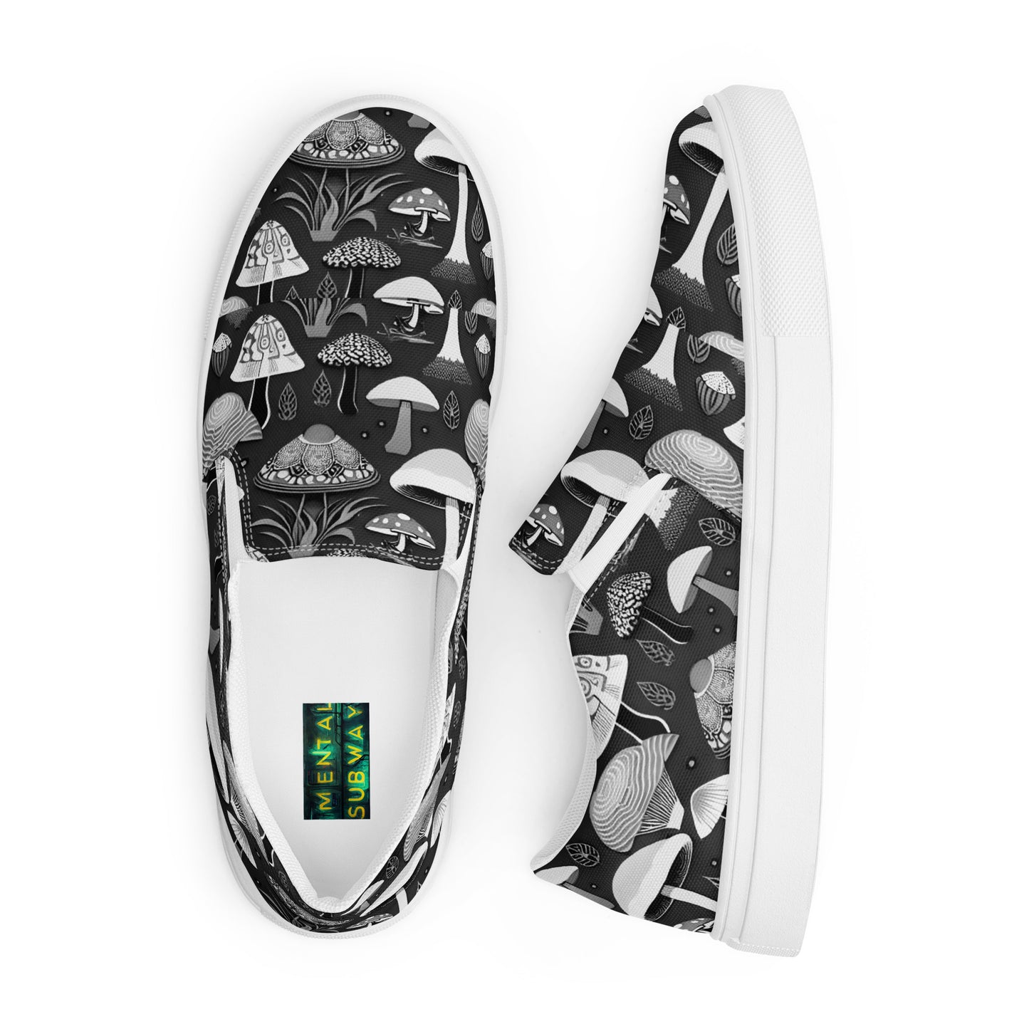 Whimsical Mushrooms in B&W Women’s slip-on canvas shoes