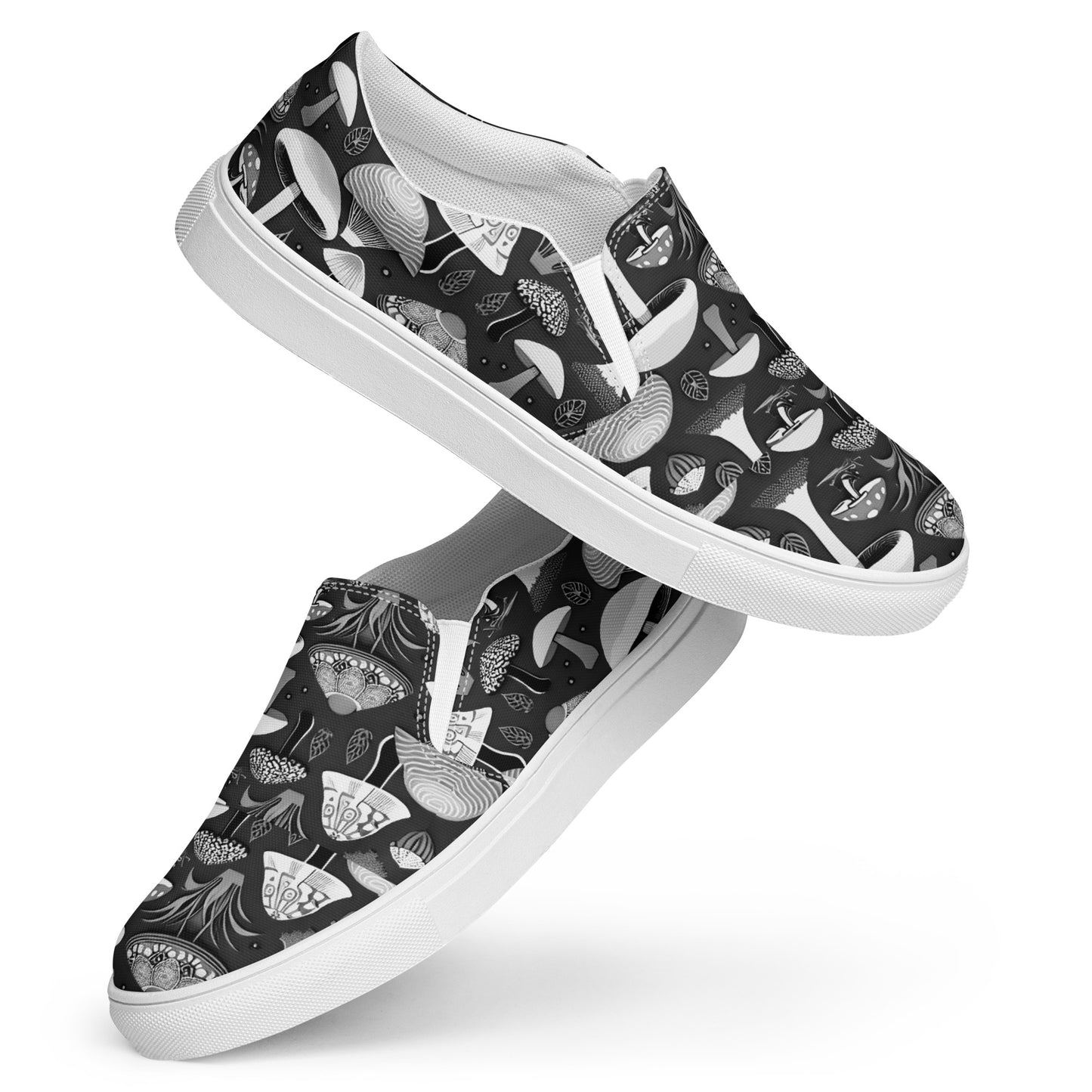 Whimsical Mushrooms in B&W Women’s slip-on canvas shoes