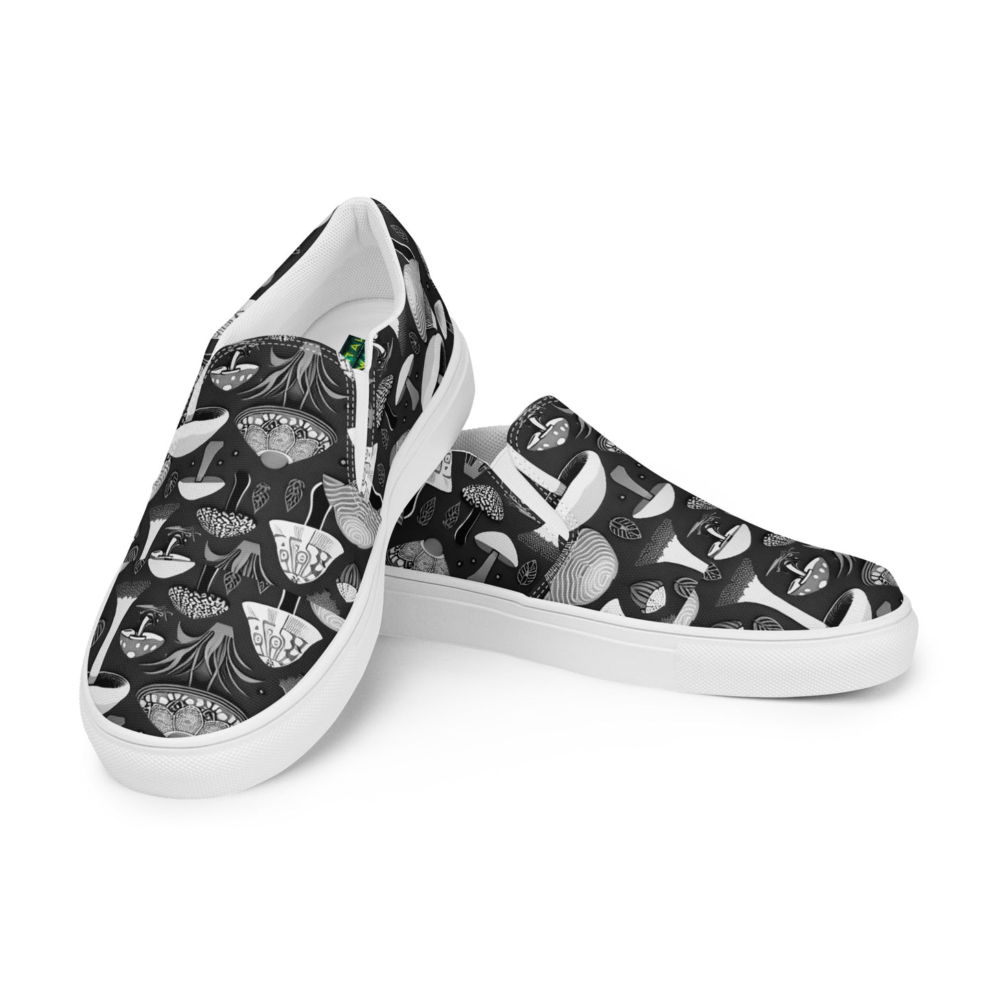 Whimsical Mushrooms in B&W Women’s slip-on canvas shoes