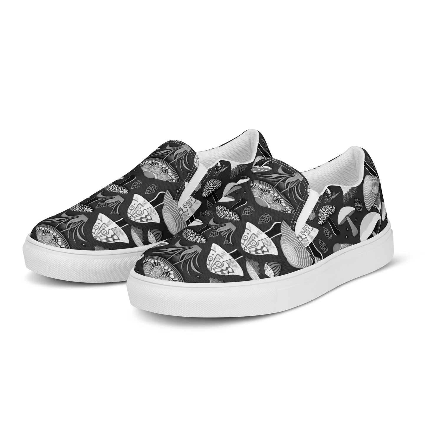 Whimsical Mushrooms in B&W Women’s slip-on canvas shoes