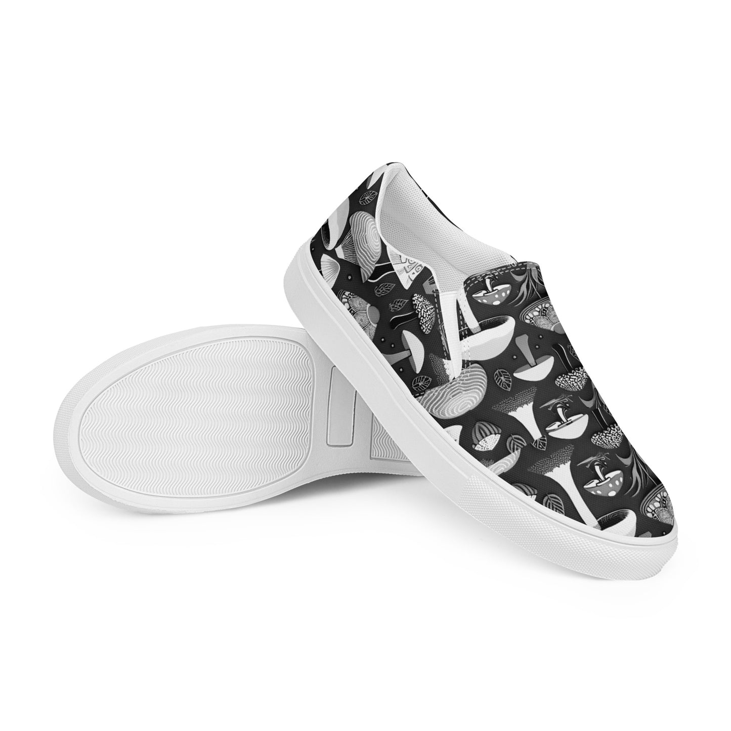 Whimsical Mushrooms in B&W Women’s slip-on canvas shoes