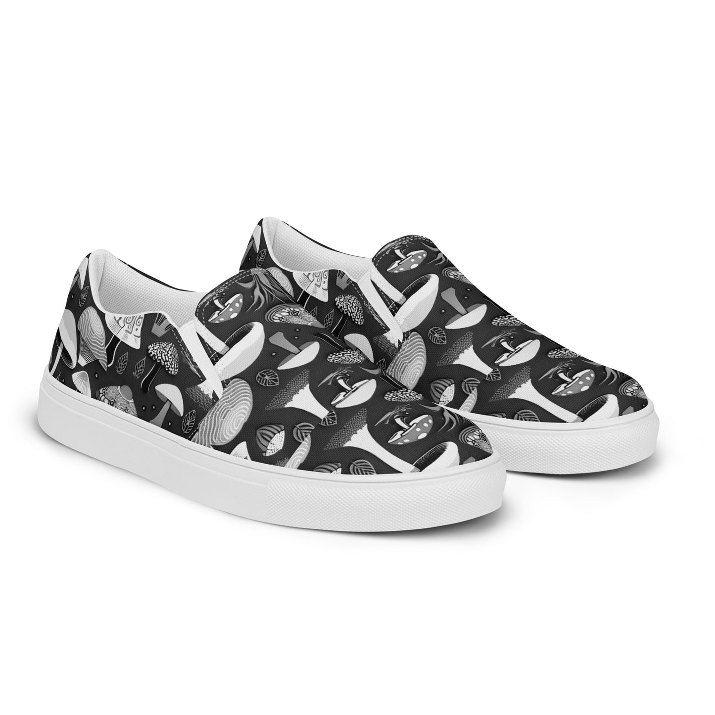 Whimsical Mushrooms in B&W Women’s slip-on canvas shoes