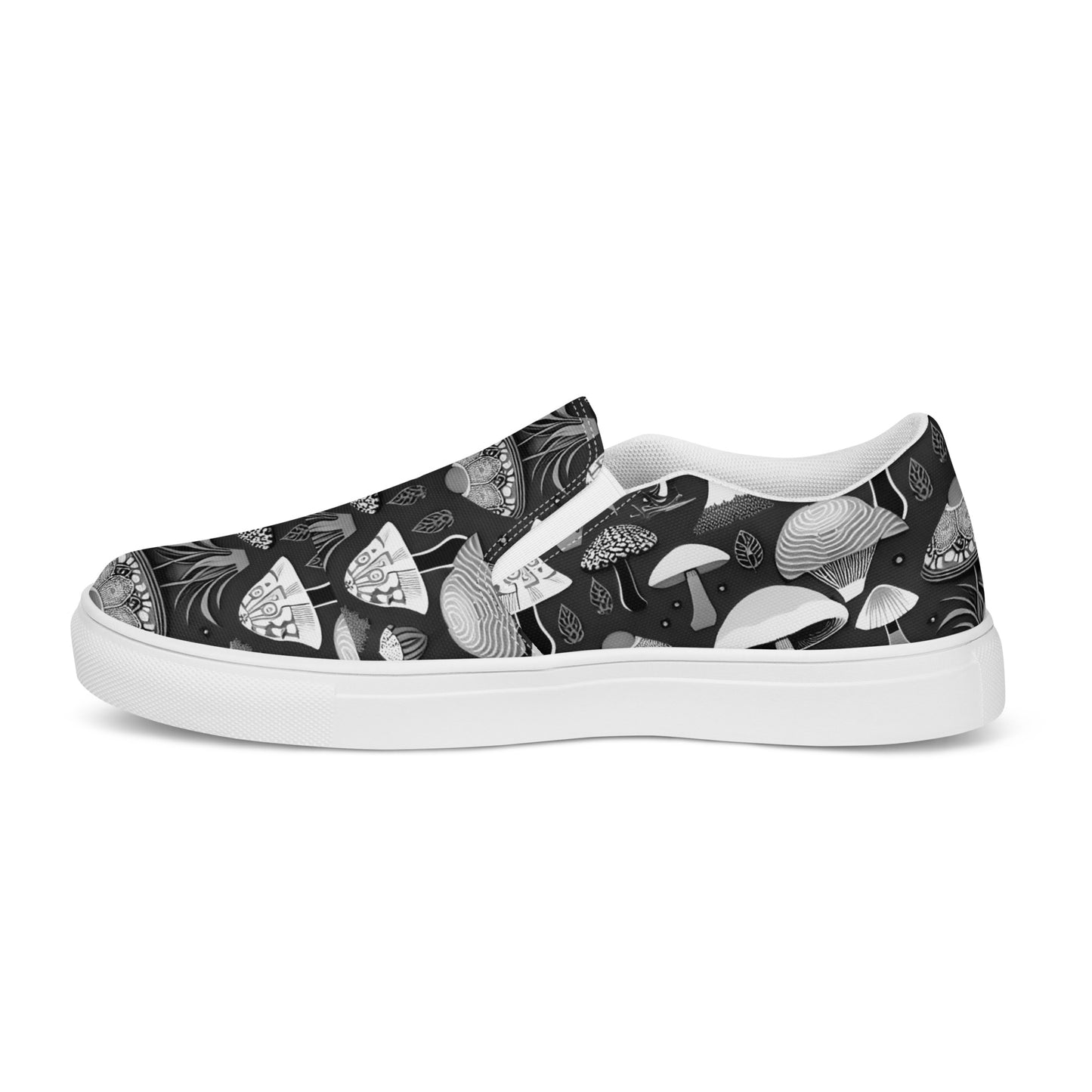 Whimsical Mushrooms in B&W Women’s slip-on canvas shoes