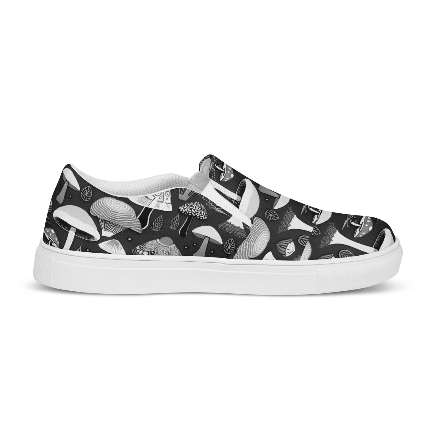 Whimsical Mushrooms in B&W Women’s slip-on canvas shoes